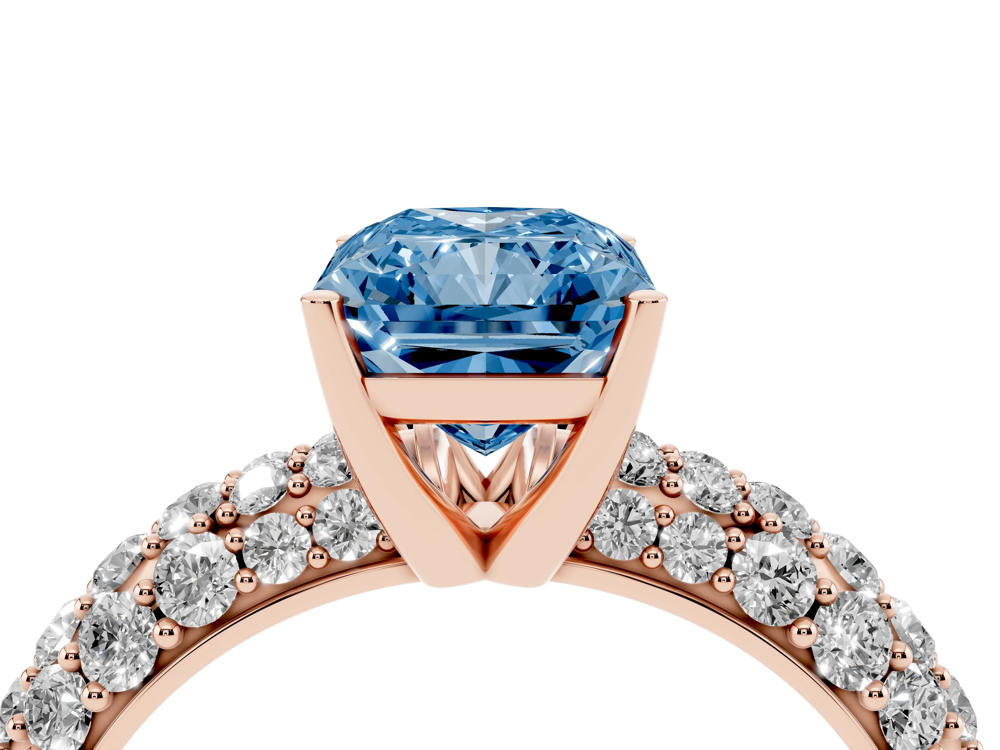 Fancy Blue Radiant Cut Diamond Pavé Band Solitaire Ring Set in Rose gold with Close-Set Accent Stones and Prong Setting