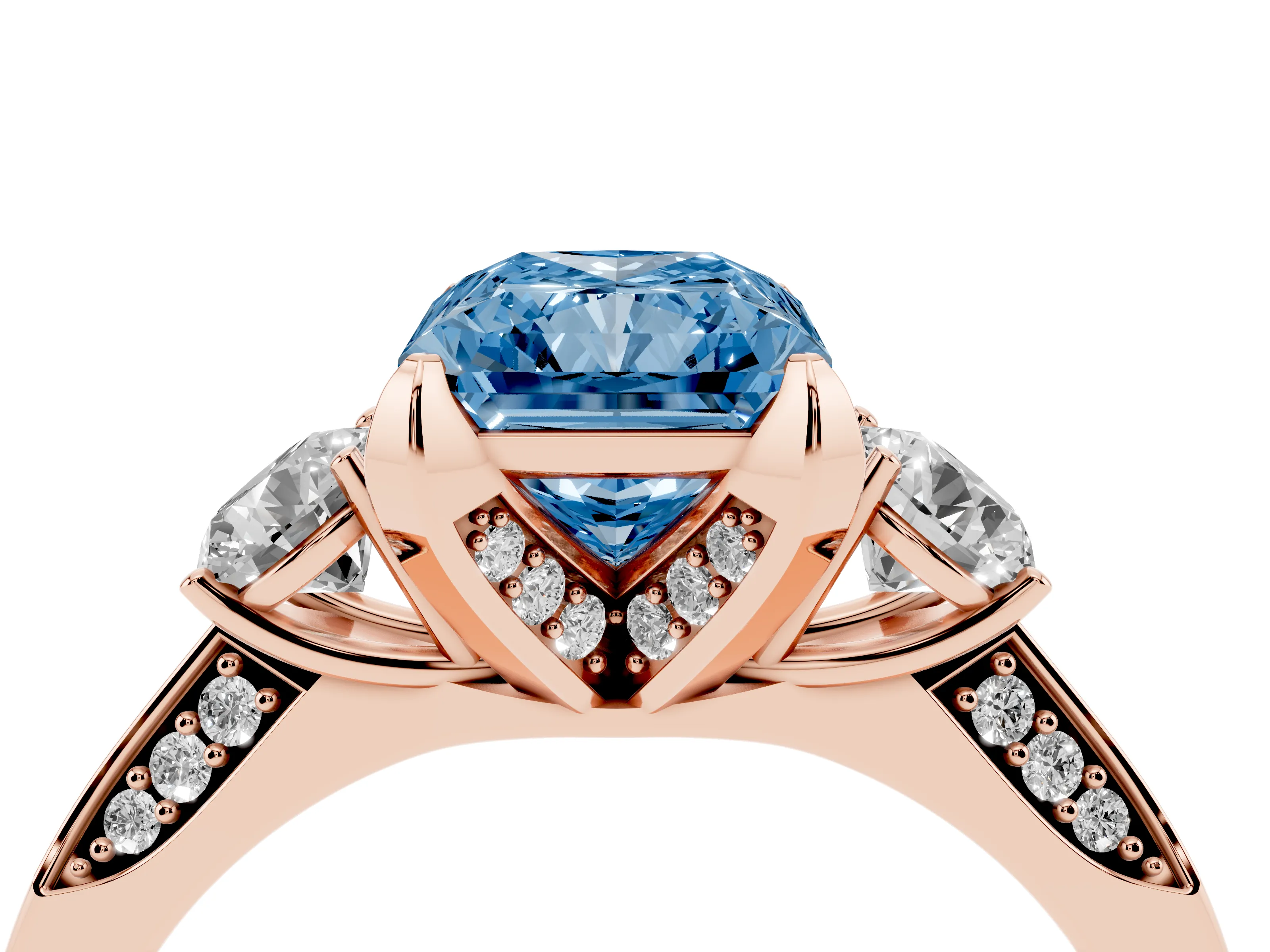 Fancy Blue Radiant Cut Diamond Three-Stone Ring Set in Rose gold with Pavé Band and Smaller Side Stones