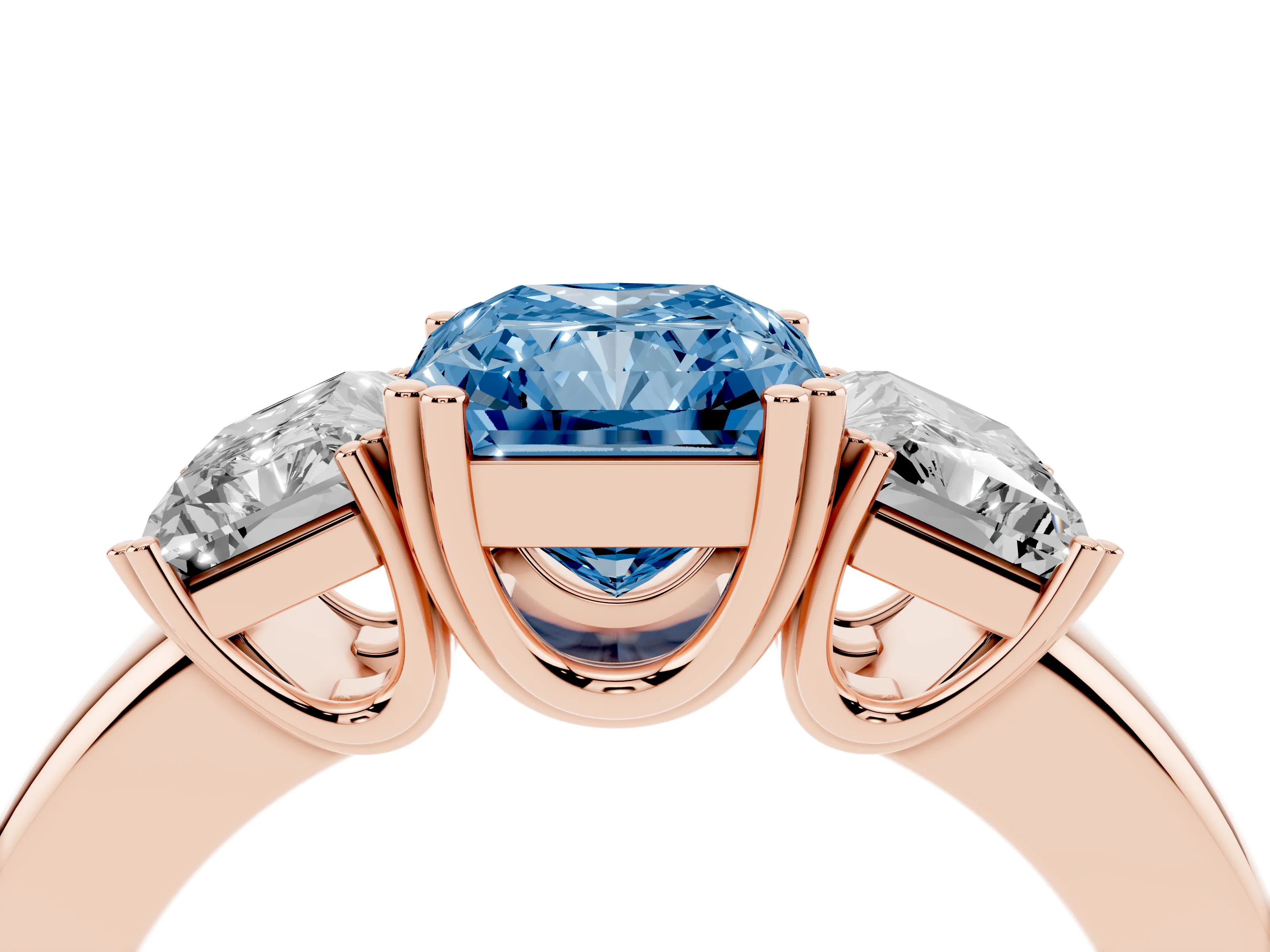 Fancy Blue Radiant Cut Diamond Three-Stone Ring Set in Rose gold with Polished Channel-Set Band