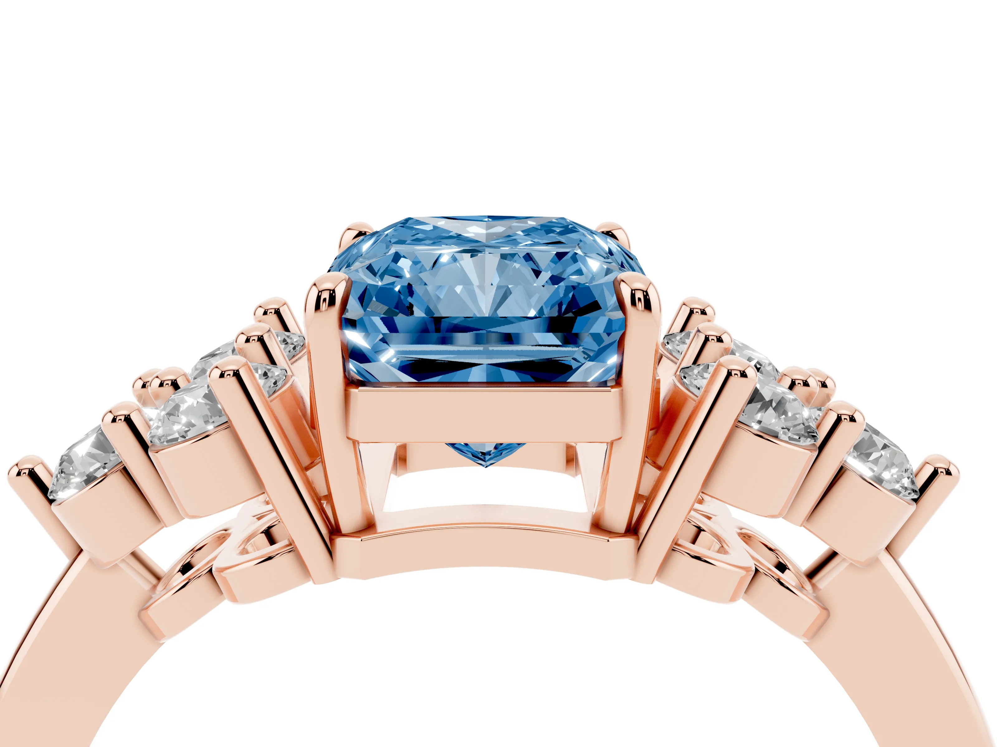 Fancy Blue Radiant Cut Diamond Solitaire Ring Set in Rose gold with Cluster Accents on Each Side