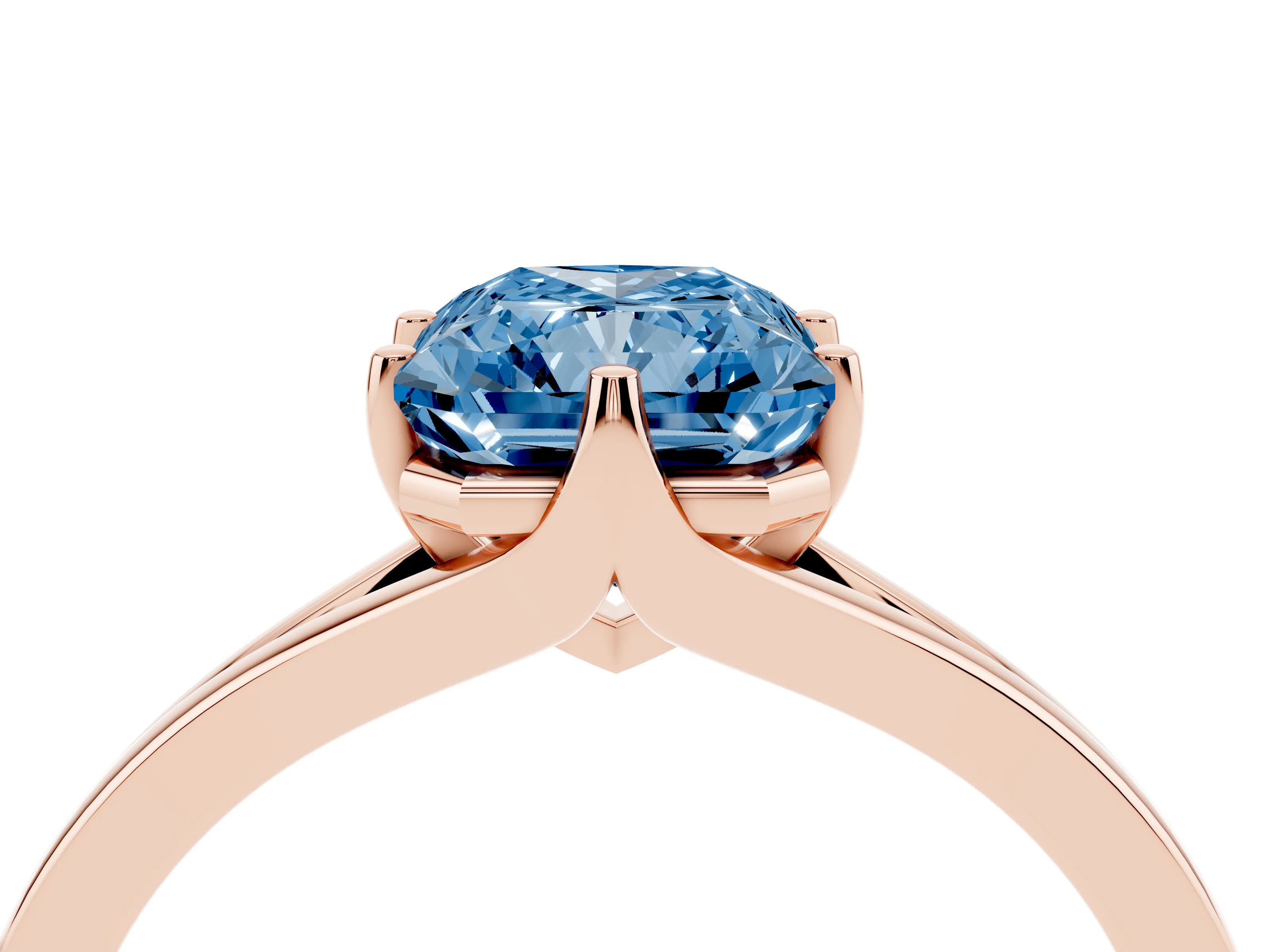 Fancy Blue Radiant Cut Diamond Solitaire Ring Set in Rose gold with Polished Tapered Band and Prong Setting