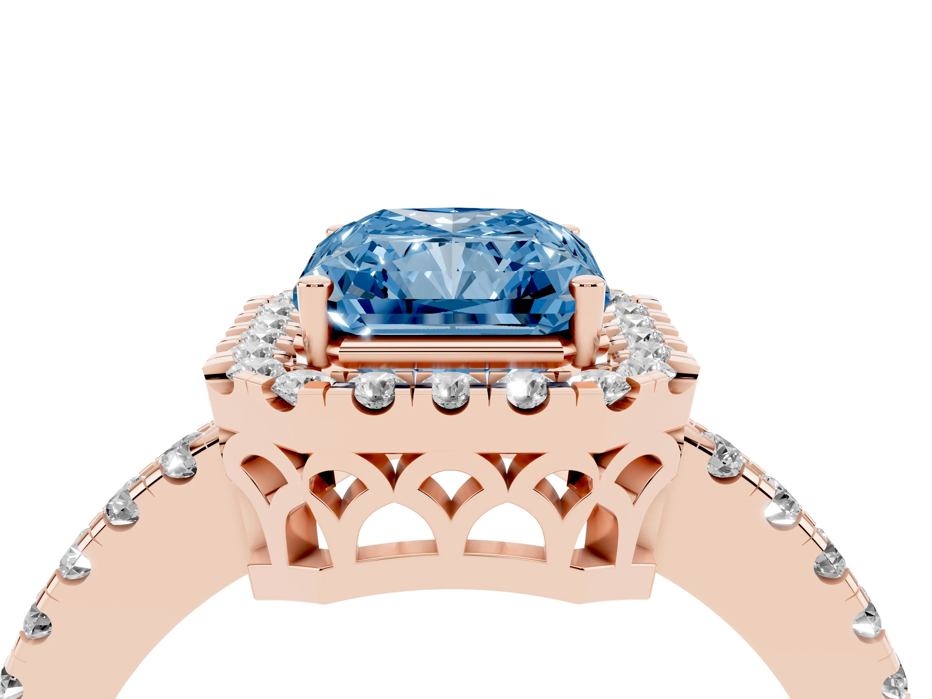 Fancy Blue Radiant Cut Diamond Pavé Band Halo Engagement Ring Set in Rose gold with Prong Setting