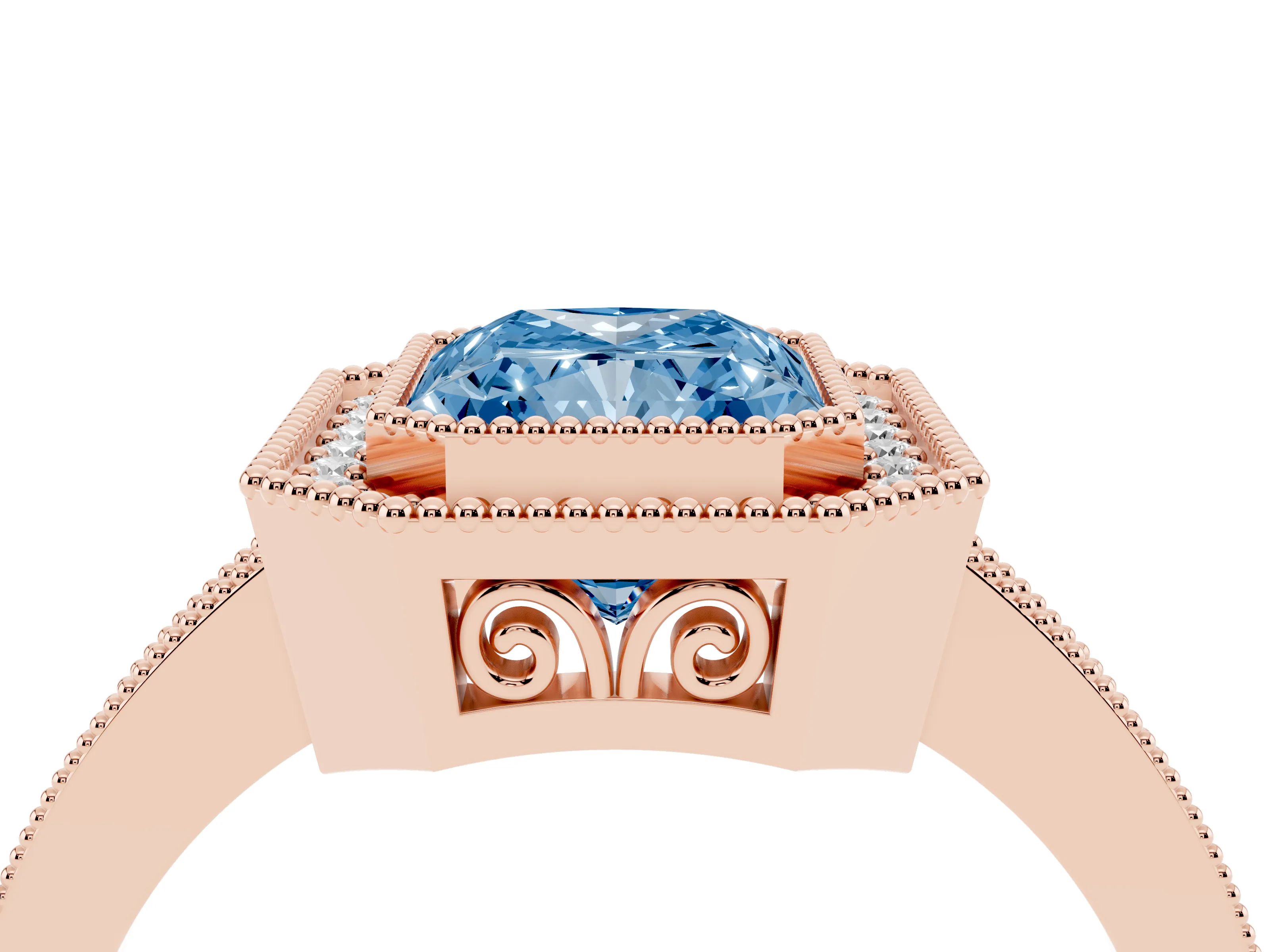 Fancy Blue Radiant Cut Diamond Halo Ring Set in Rose gold with Pavé Band and Milgrain-Edged Prongs