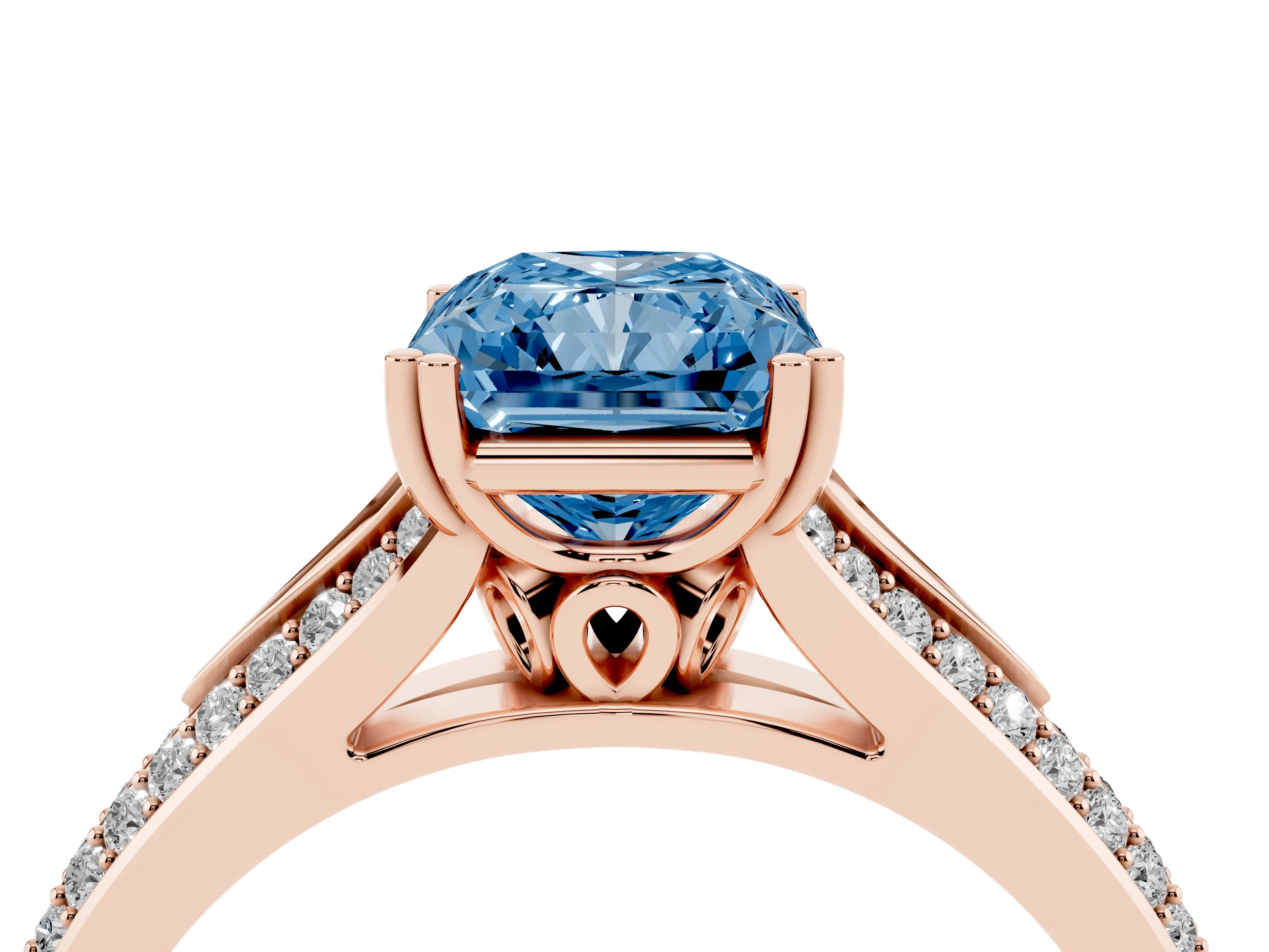 Fancy Blue Radiant Cut Diamond Split Shank Pavé Engagement Ring Set in Rose gold with Prong-Set Center Stone
