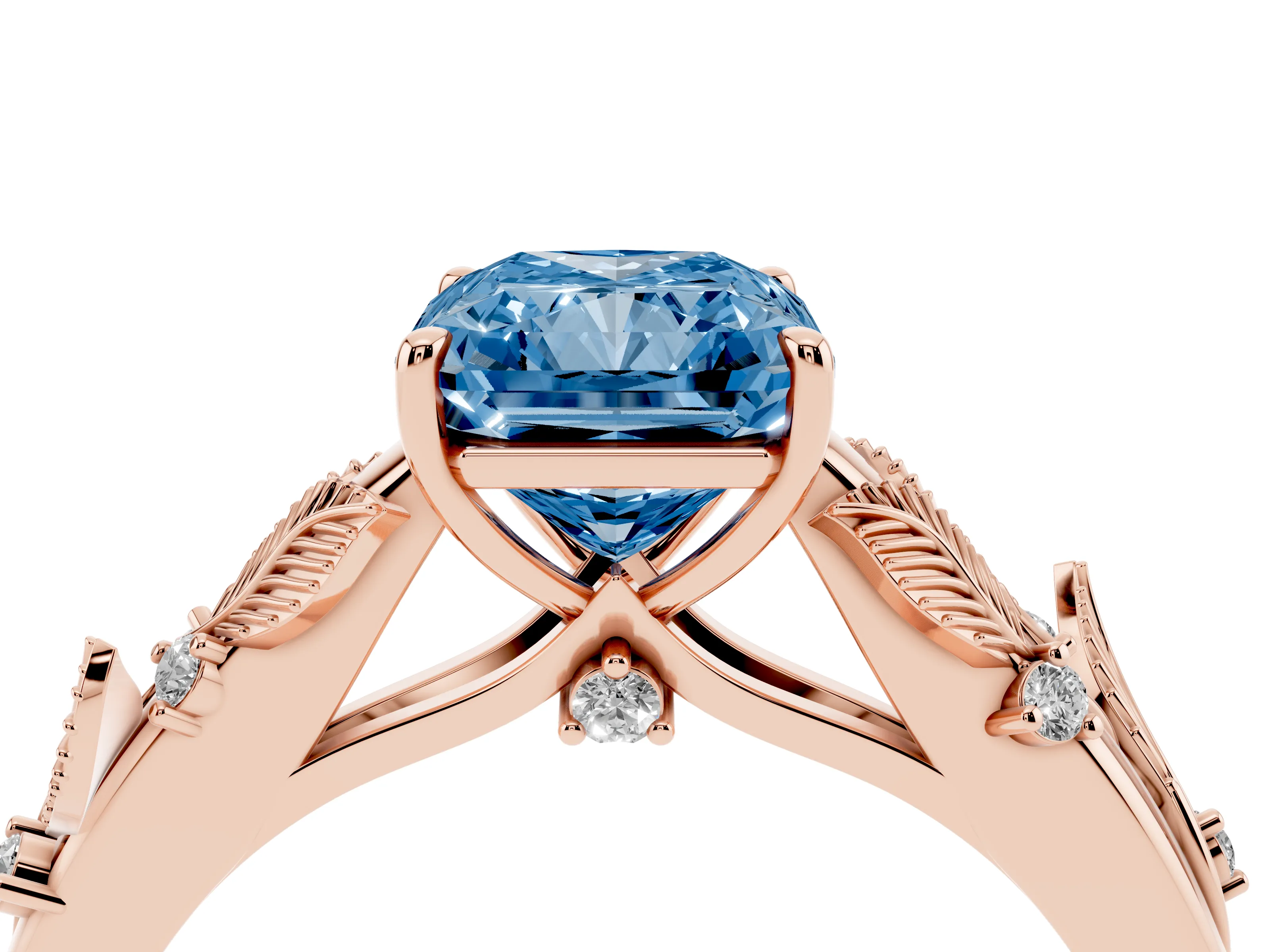 Fancy Blue Radiant Cut Diamond Solitaire Ring Set in Rose gold with Leaf Motif Band