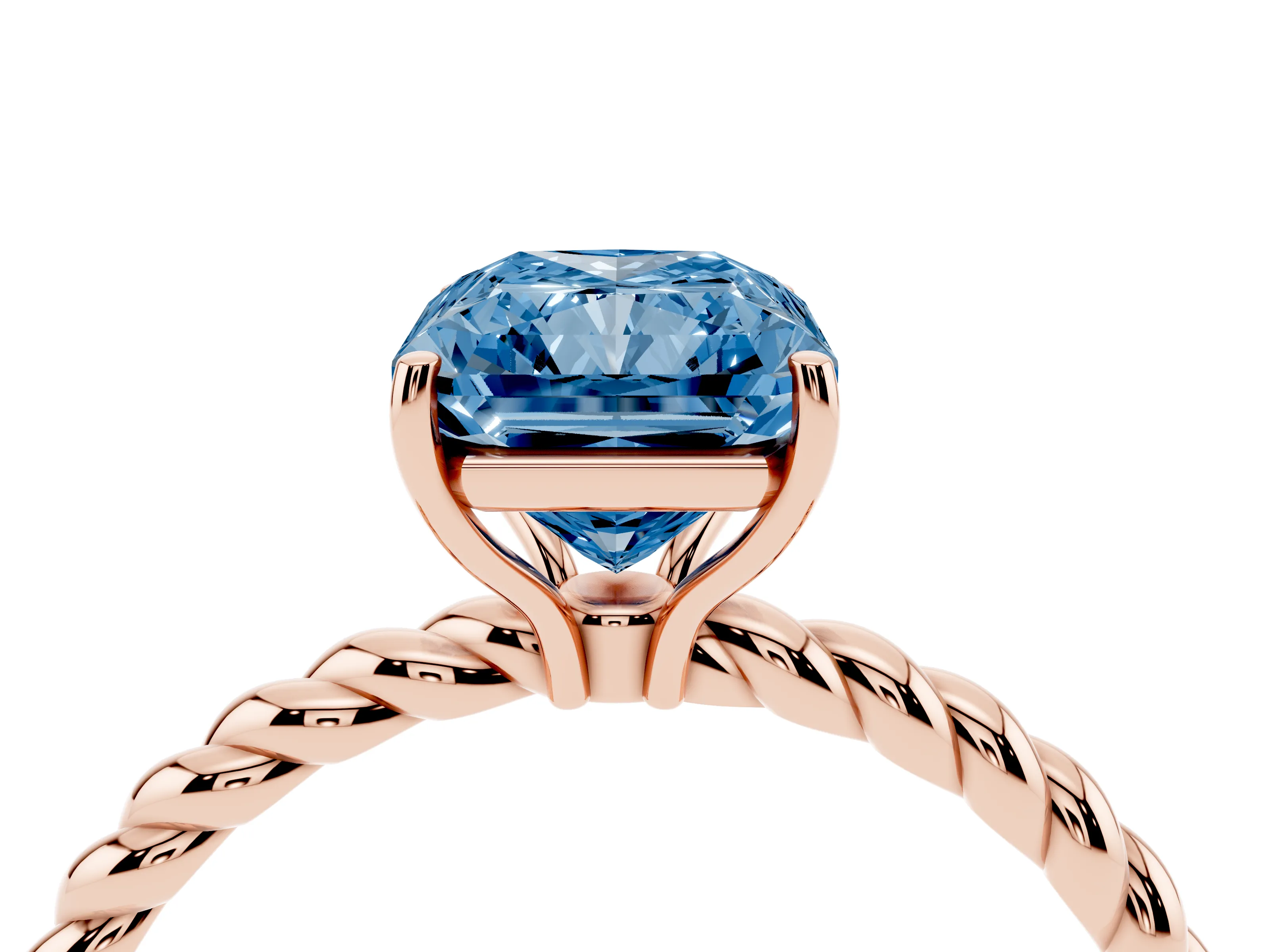 Fancy Blue Radiant Cut Diamond Solitaire Ring Set in Rose gold with Twist Band and Prong Setting
