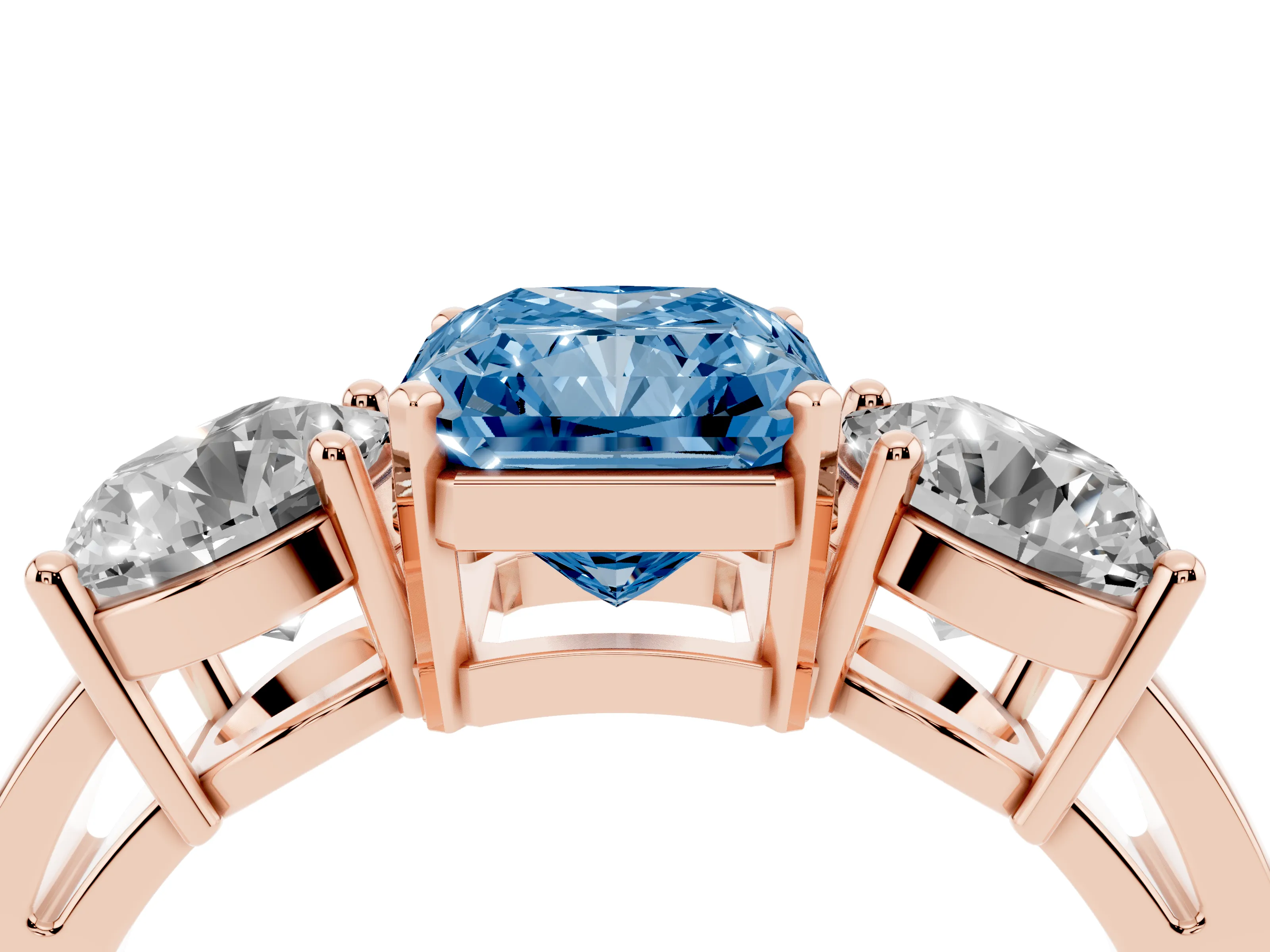 Fancy Blue Radiant Cut Diamond Three-Stone Ring Set in Rose gold with Round Side Stones and Classic Band