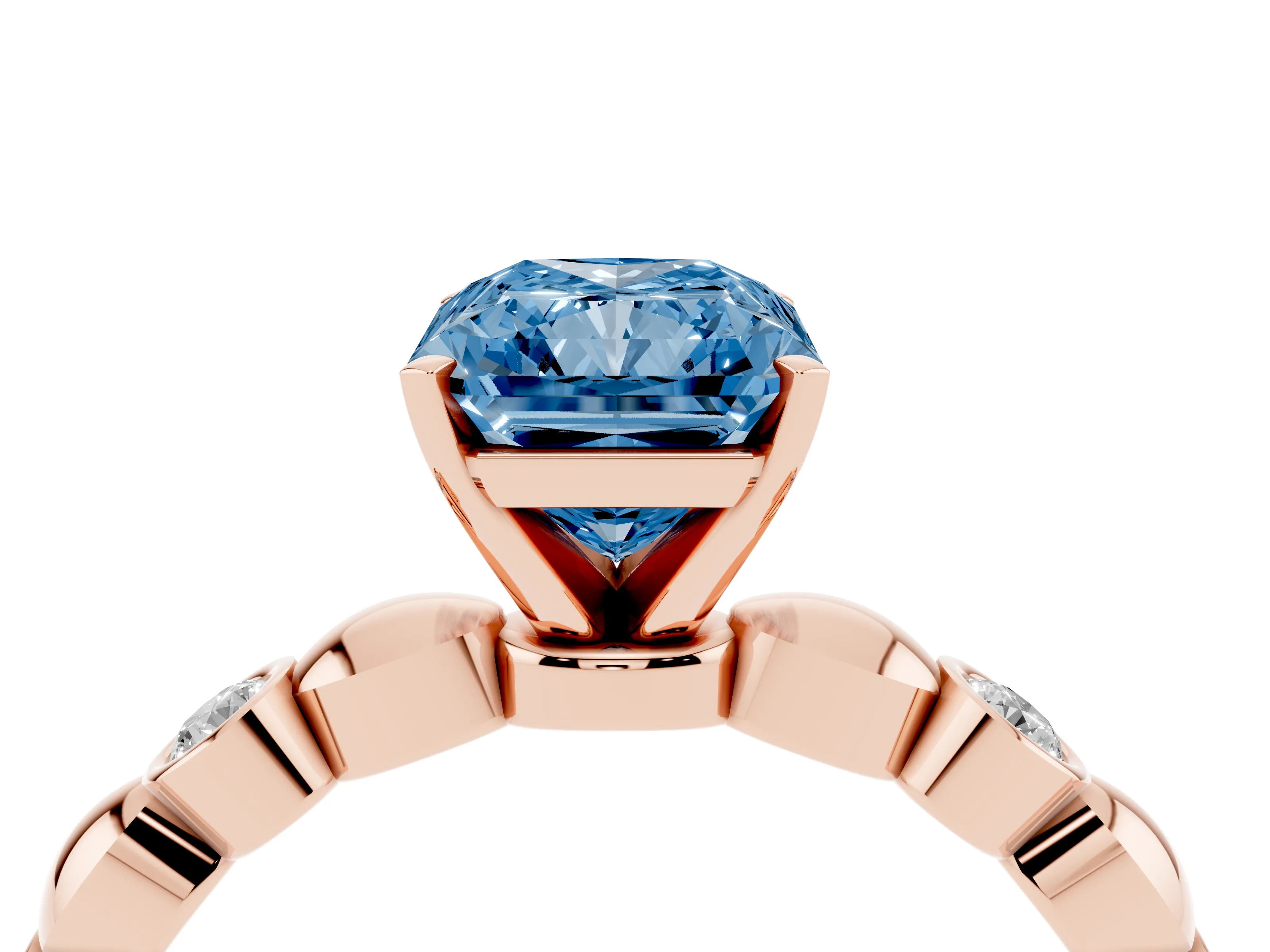 Fancy Blue Radiant Cut Diamond Solitaire Ring Set in Rose gold with Bezel-Set Accents on Beaded Band and Prong Setting