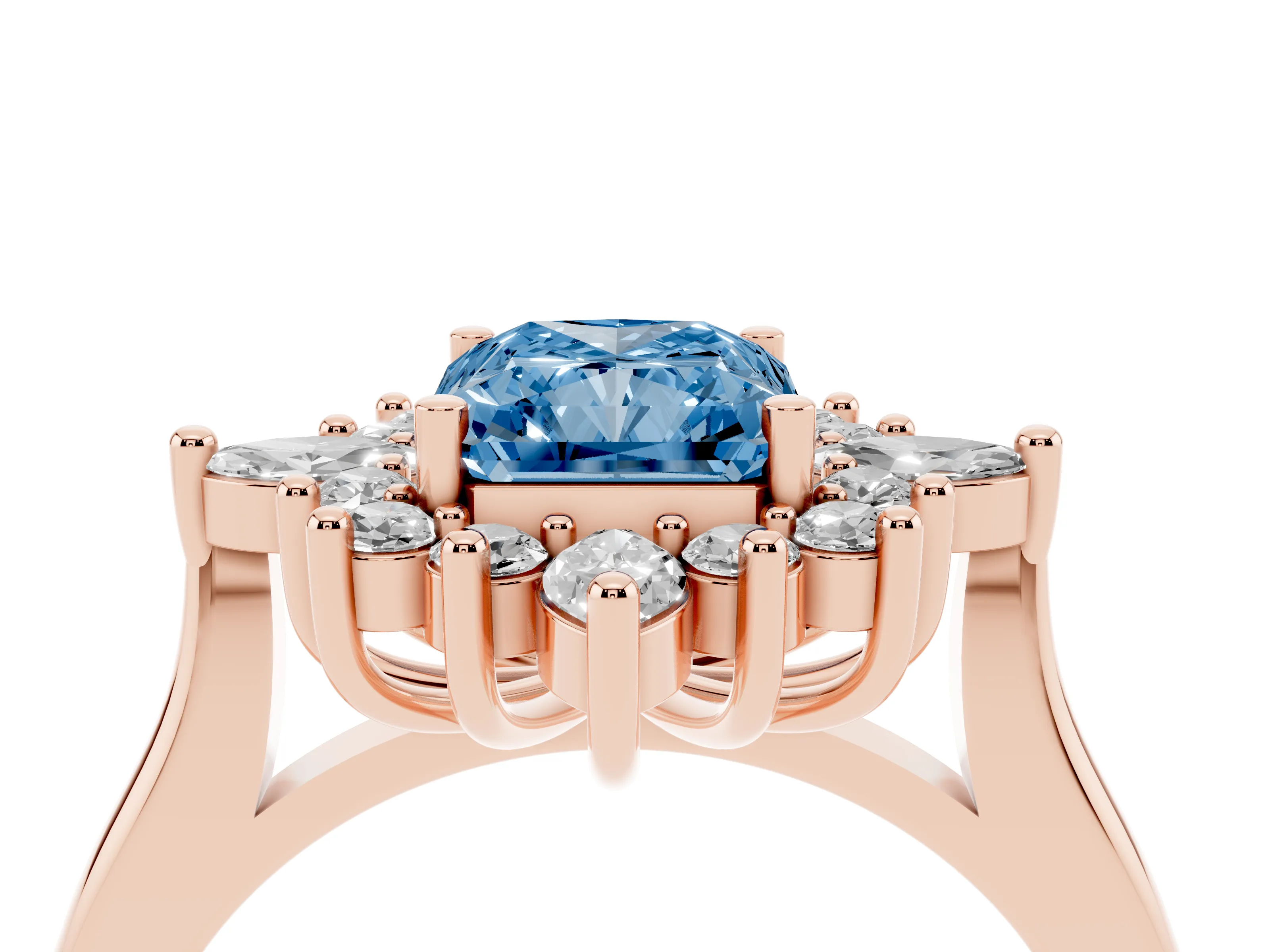 Fancy Blue Radiant Cut Diamond Cluster Halo Ring Set in Rose gold with Marquise and Round Accents