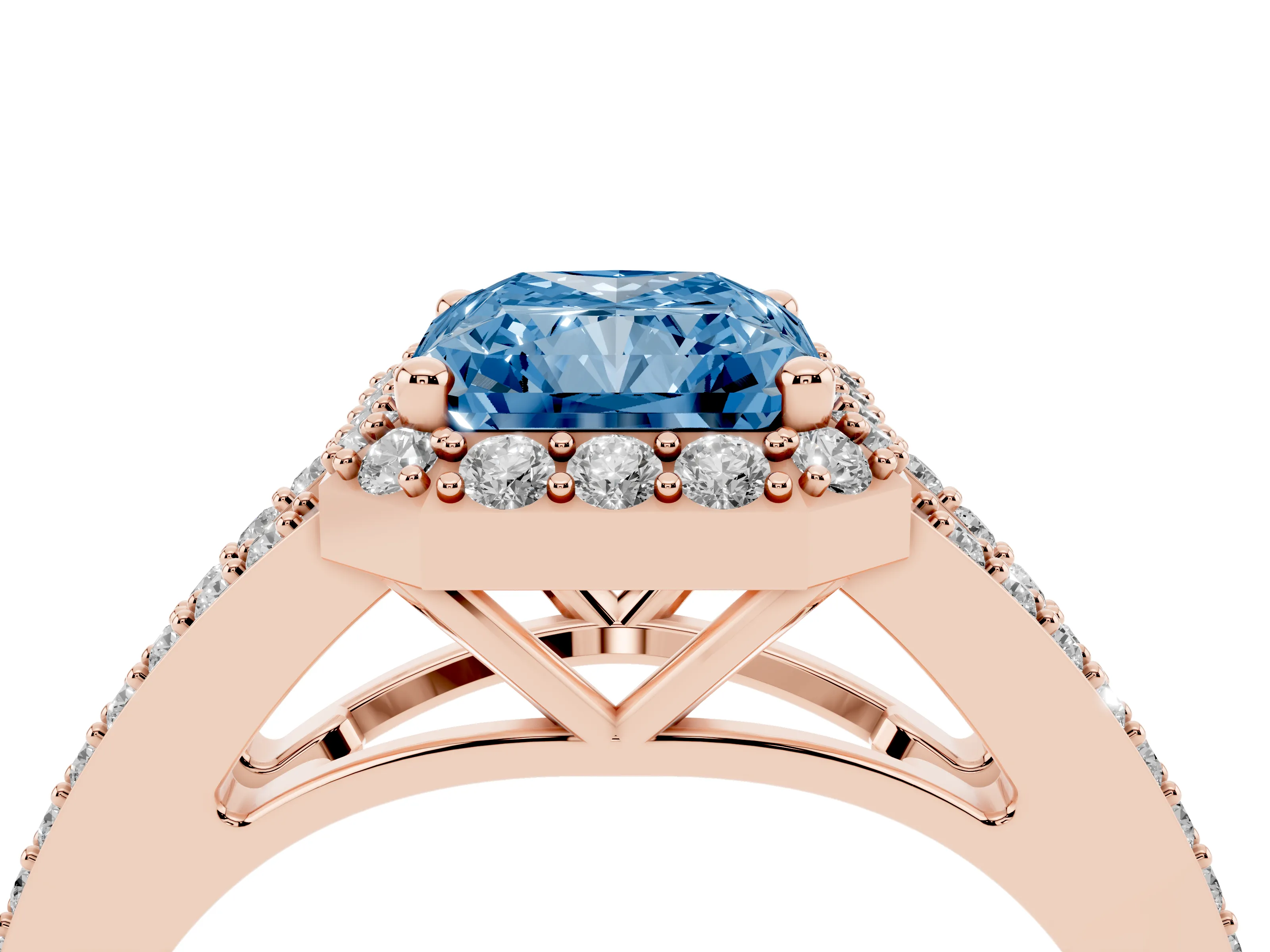 Fancy Blue Radiant Cut Diamond Halo Split Shank Pavé Ring Set in Rose gold with Prong Setting