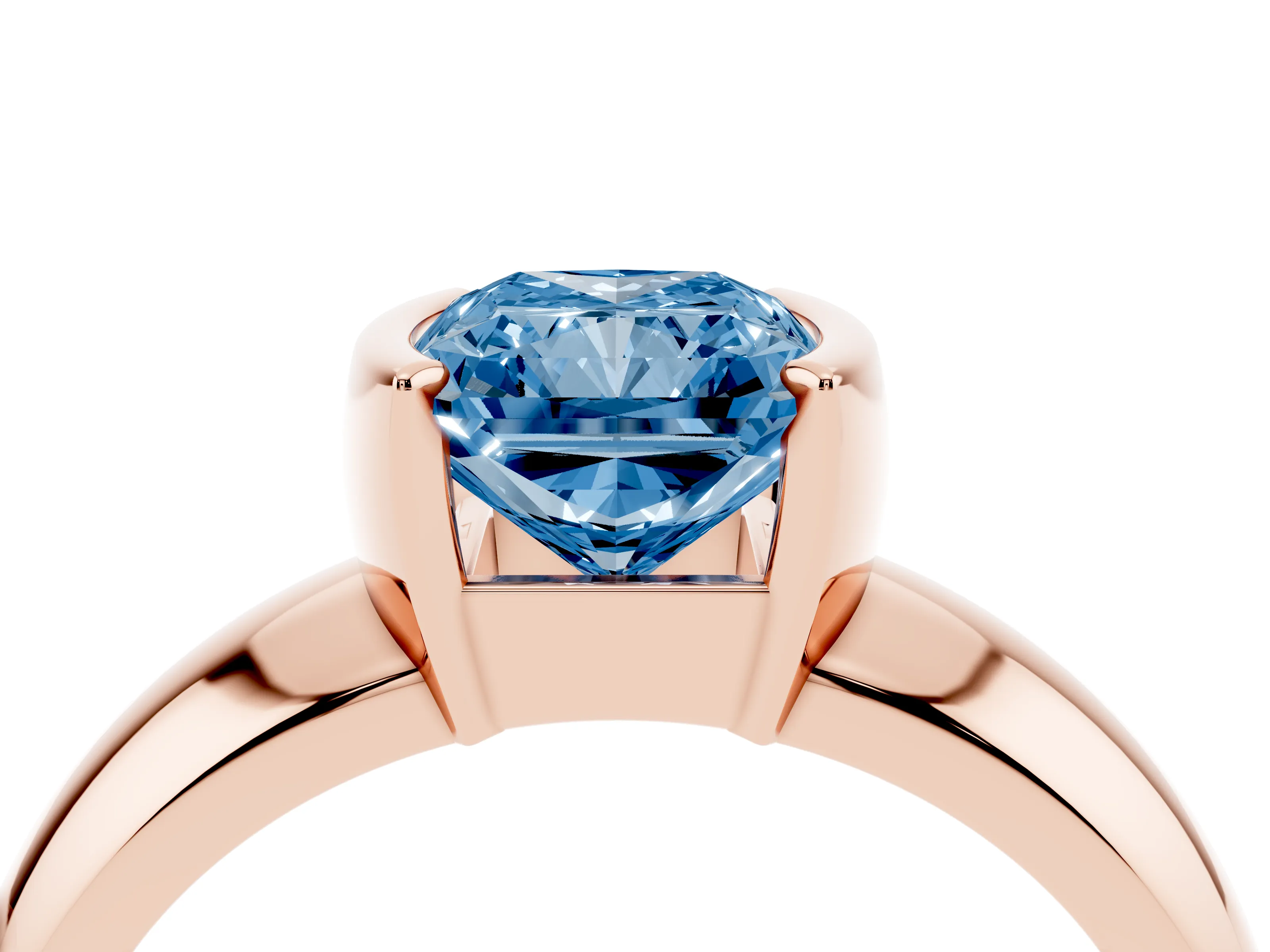 Fancy Blue Radiant Cut Diamond Solitaire Tension Set Ring Set in Rose gold with Wide Band