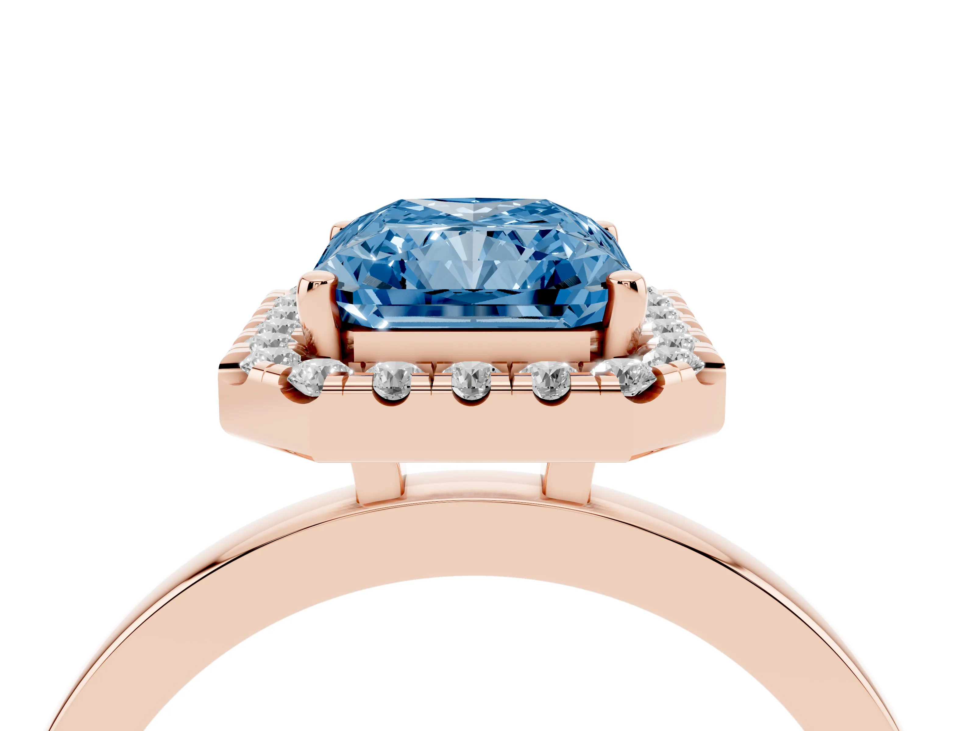 Fancy Blue Radiant Cut Diamond Halo Solitaire Ring Set in Rose gold with Pavé Band and Prong Setting