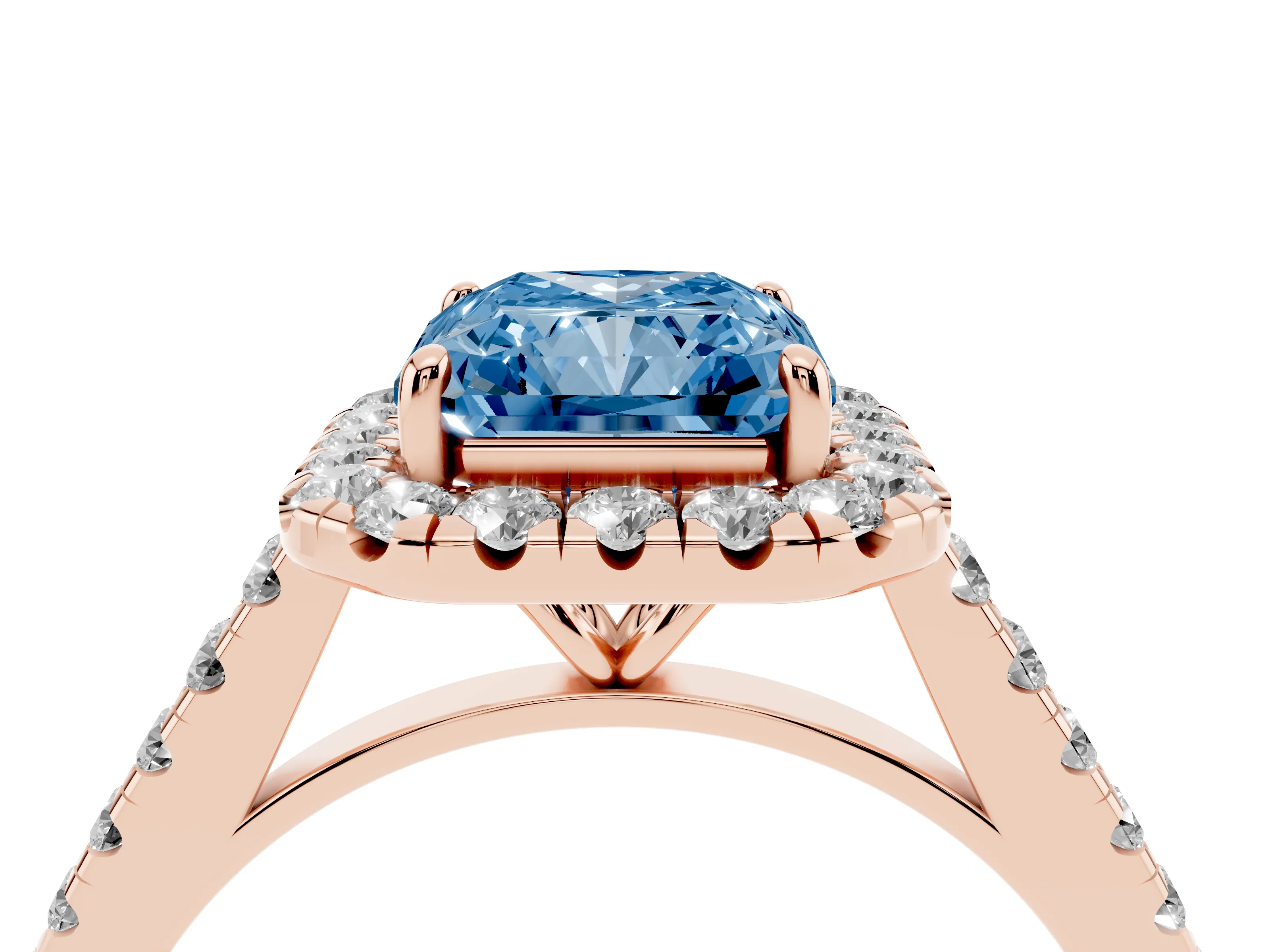 Fancy Blue Radiant Cut Diamond Halo Pavé Engagement Ring Set in Rose gold with Prong Setting