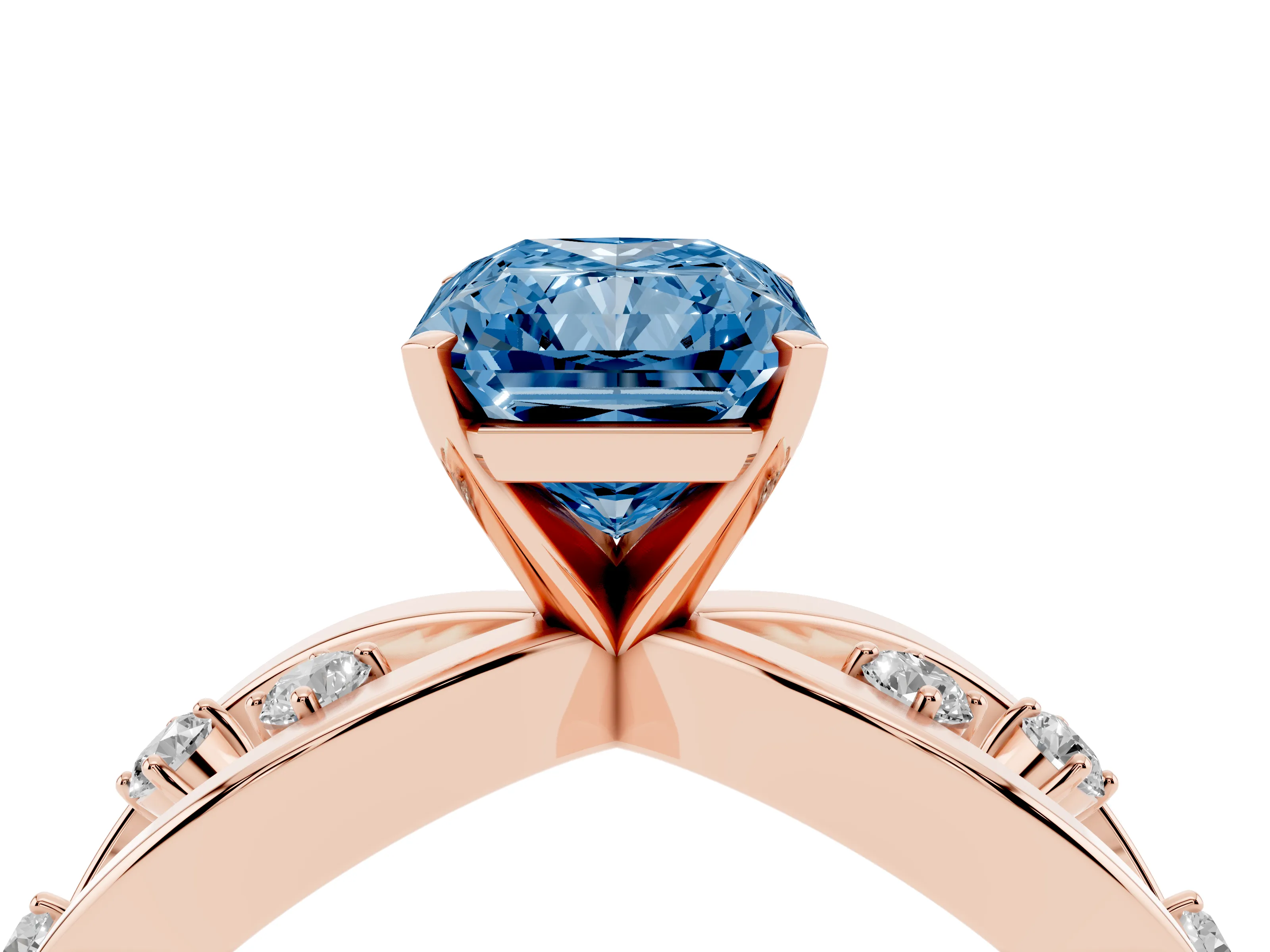 Fancy Blue Radiant Cut Diamond Solitaire Ring Set in Rose gold with Side Stones on Criss-Cross Band and Prong Setting