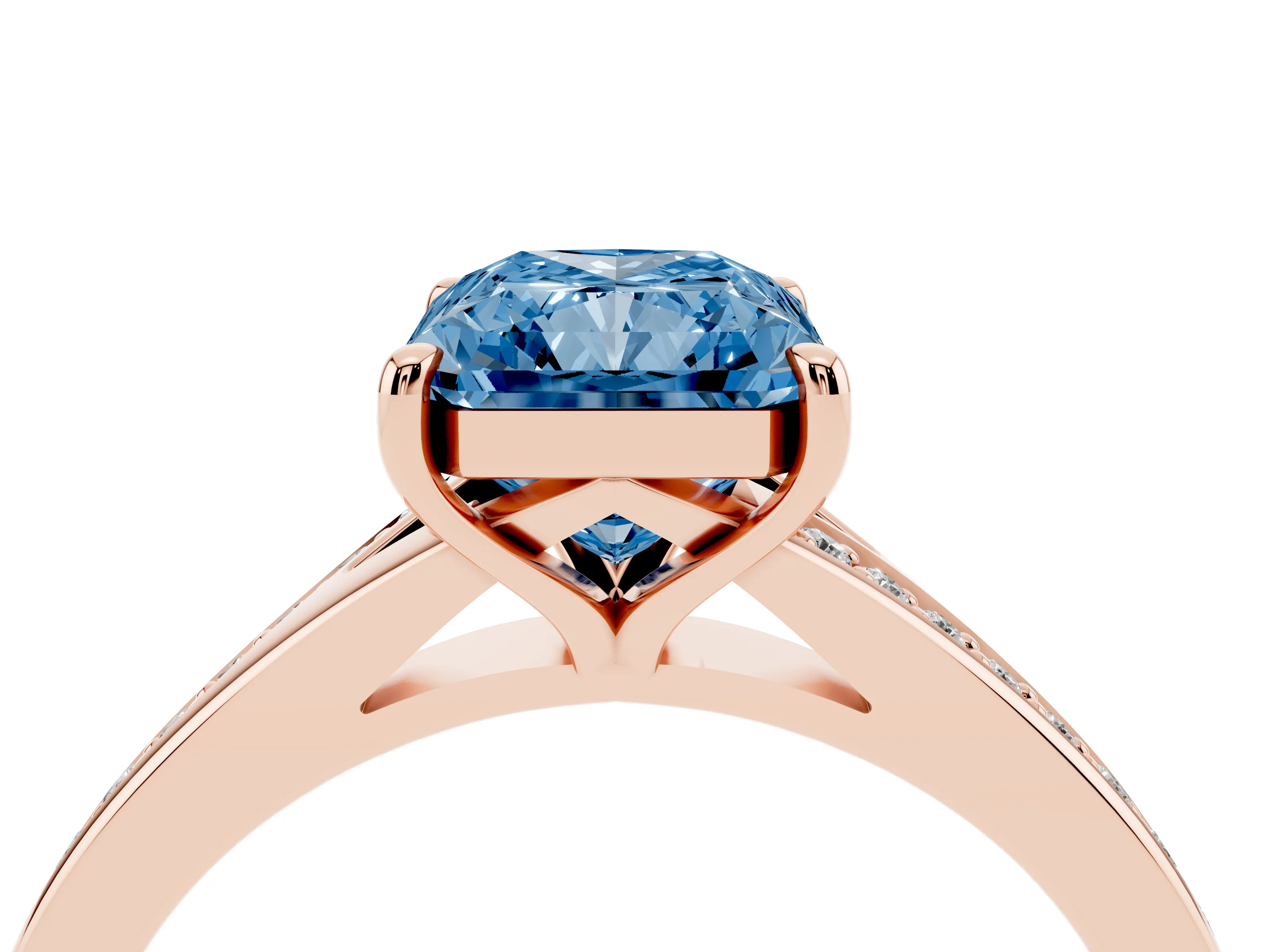 Fancy Blue Radiant Cut Diamond Solitaire Ring Set in Rose gold with Pavé Accent Band and Classic Prong Setting