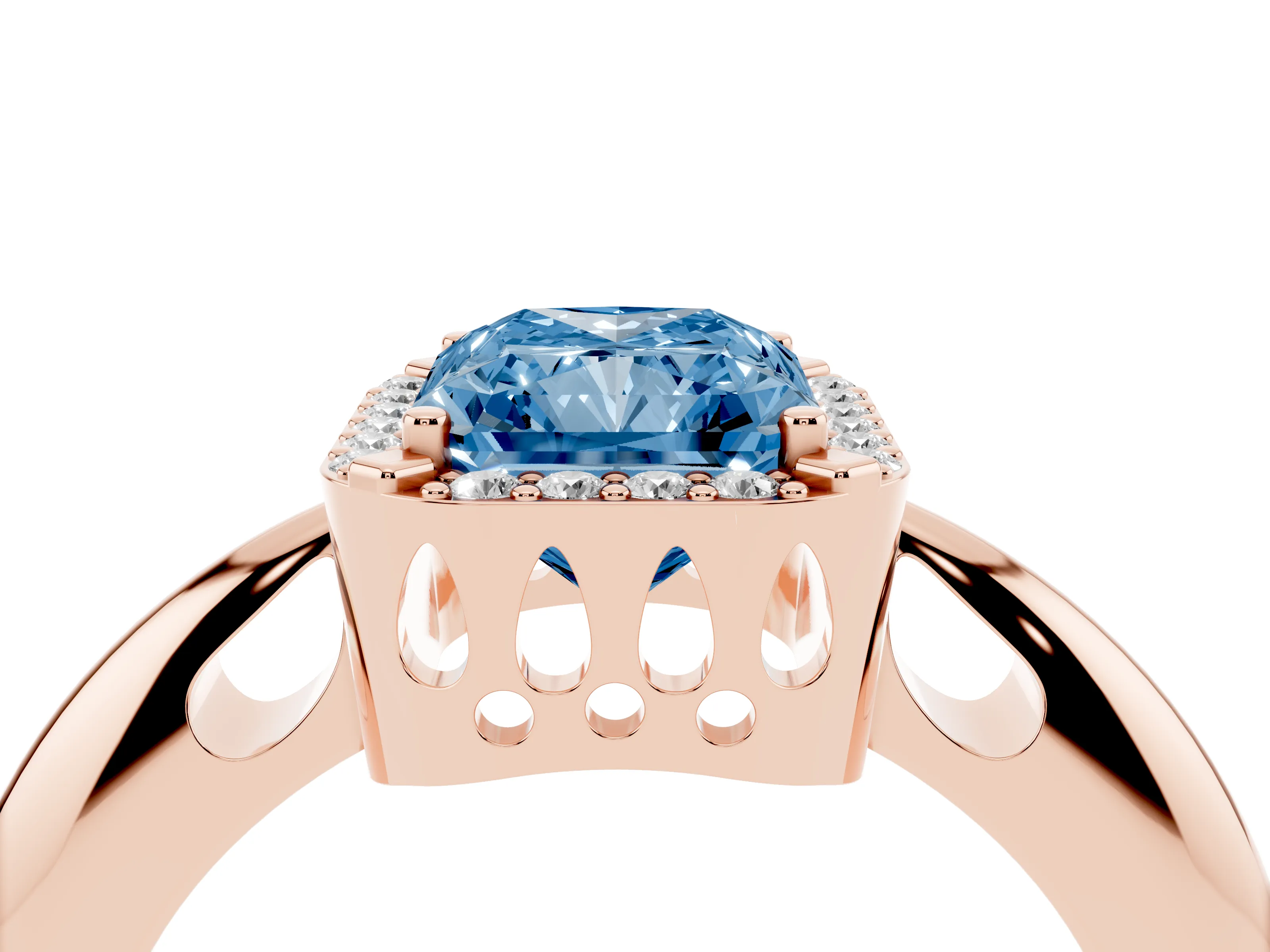 Fancy Blue Radiant Cut Diamond Halo Engagement Ring Set in Rose gold with Plain Split Shank and Prong Setting
