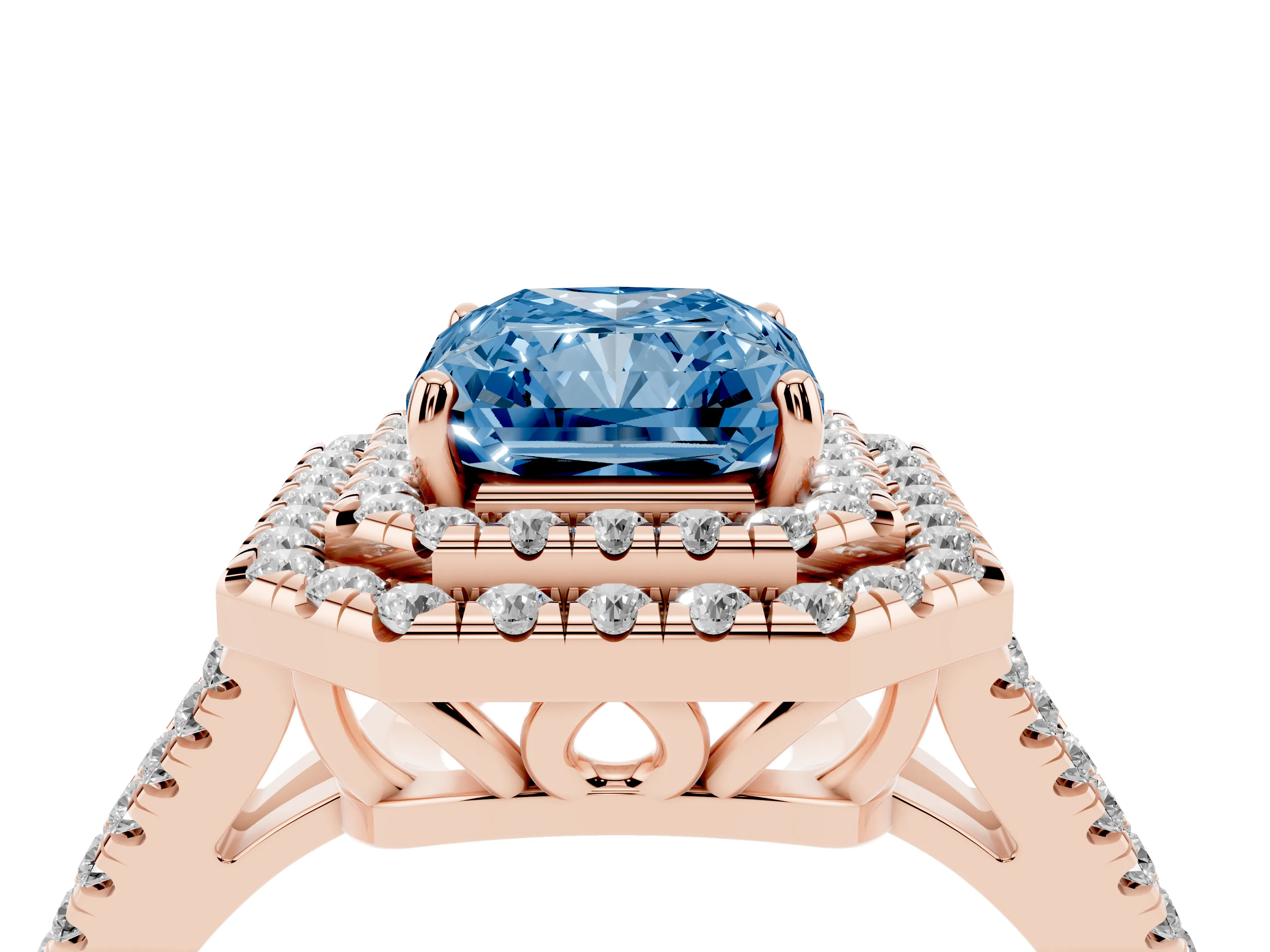 Fancy Blue Radiant Cut Diamond Double Halo Ring Set in Rose gold with Pavé Band