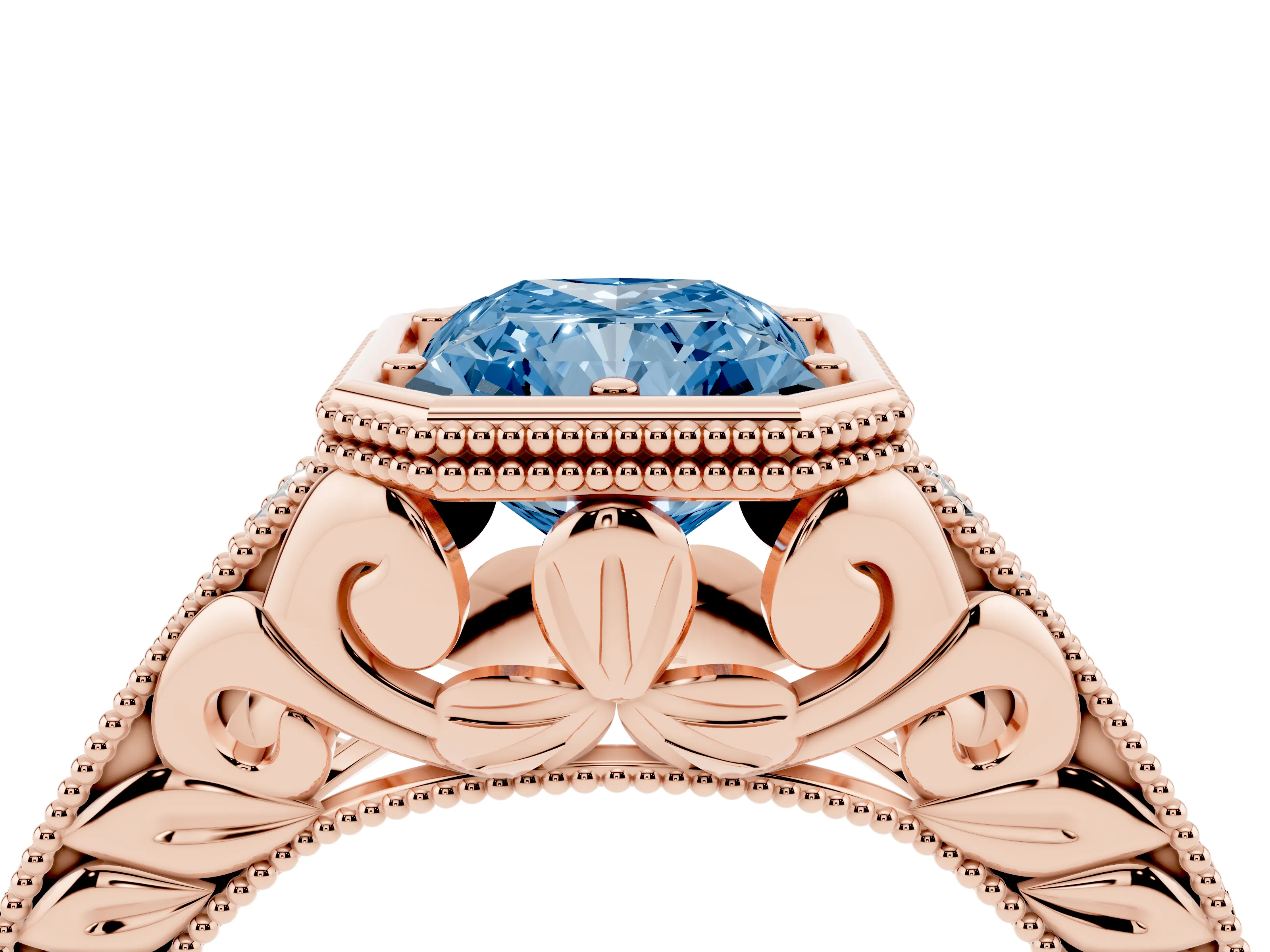 Fancy Blue Bezel Set Radiant Cut Diamond Milgrain Pavé Engagement Ring Set in Rose gold