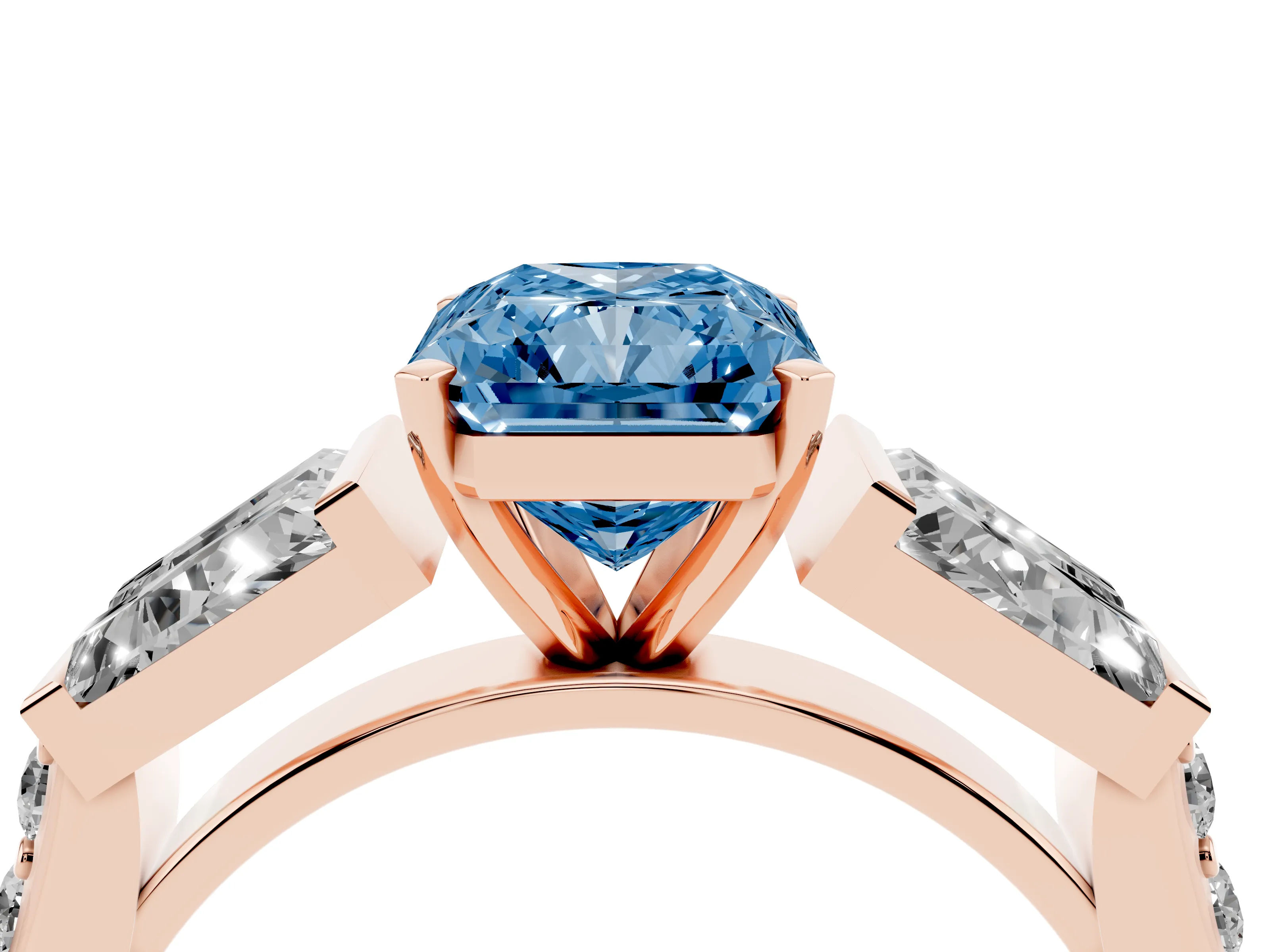 Fancy Blue Radiant Cut Diamond Engagement Ring Set in Rose gold with Baguette Side Stones and Channel Set Band