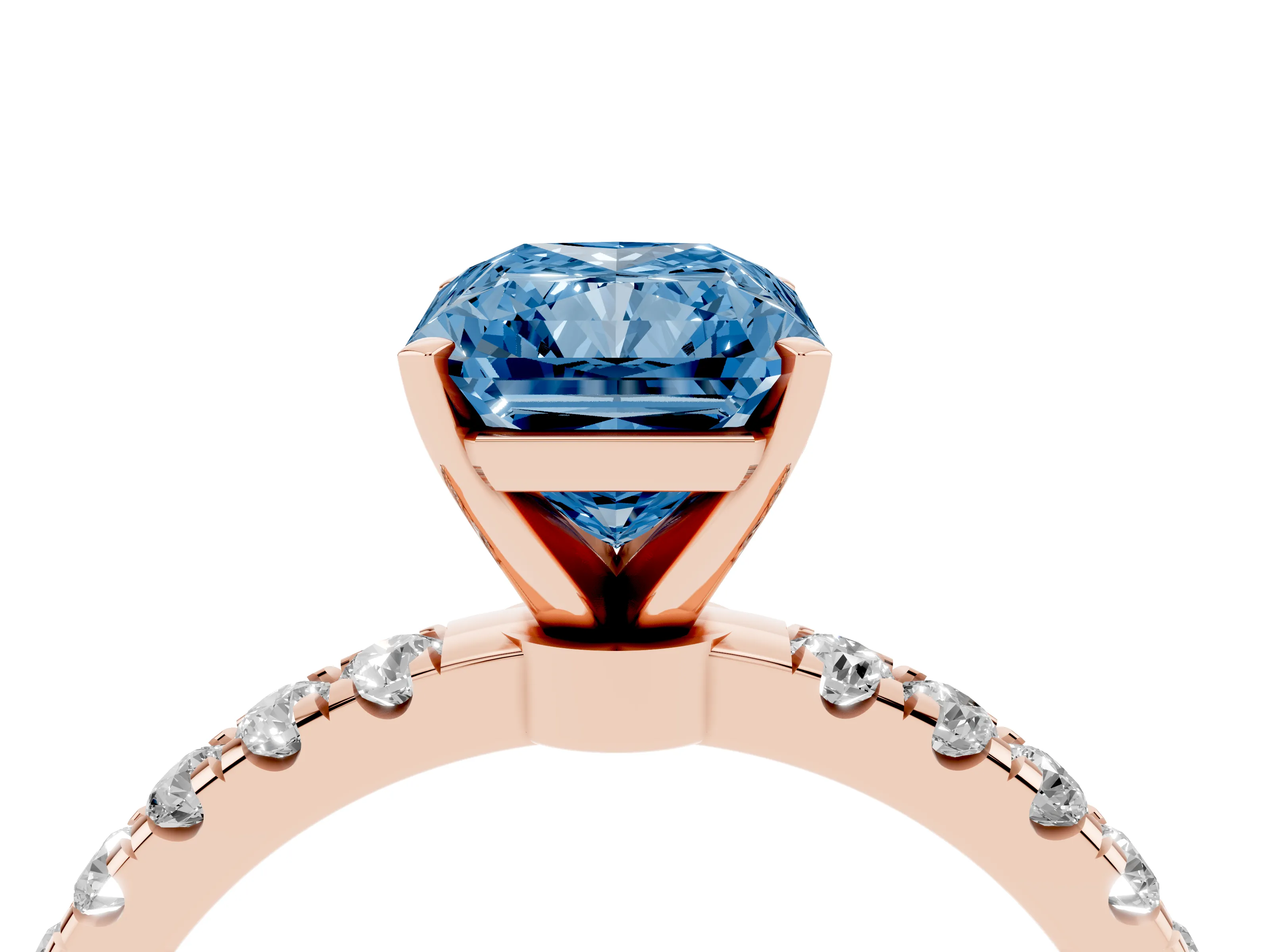 Fancy Blue Radiant Cut Diamond Solitaire Ring Set in Rose gold with Pavé Accents and Prong Setting