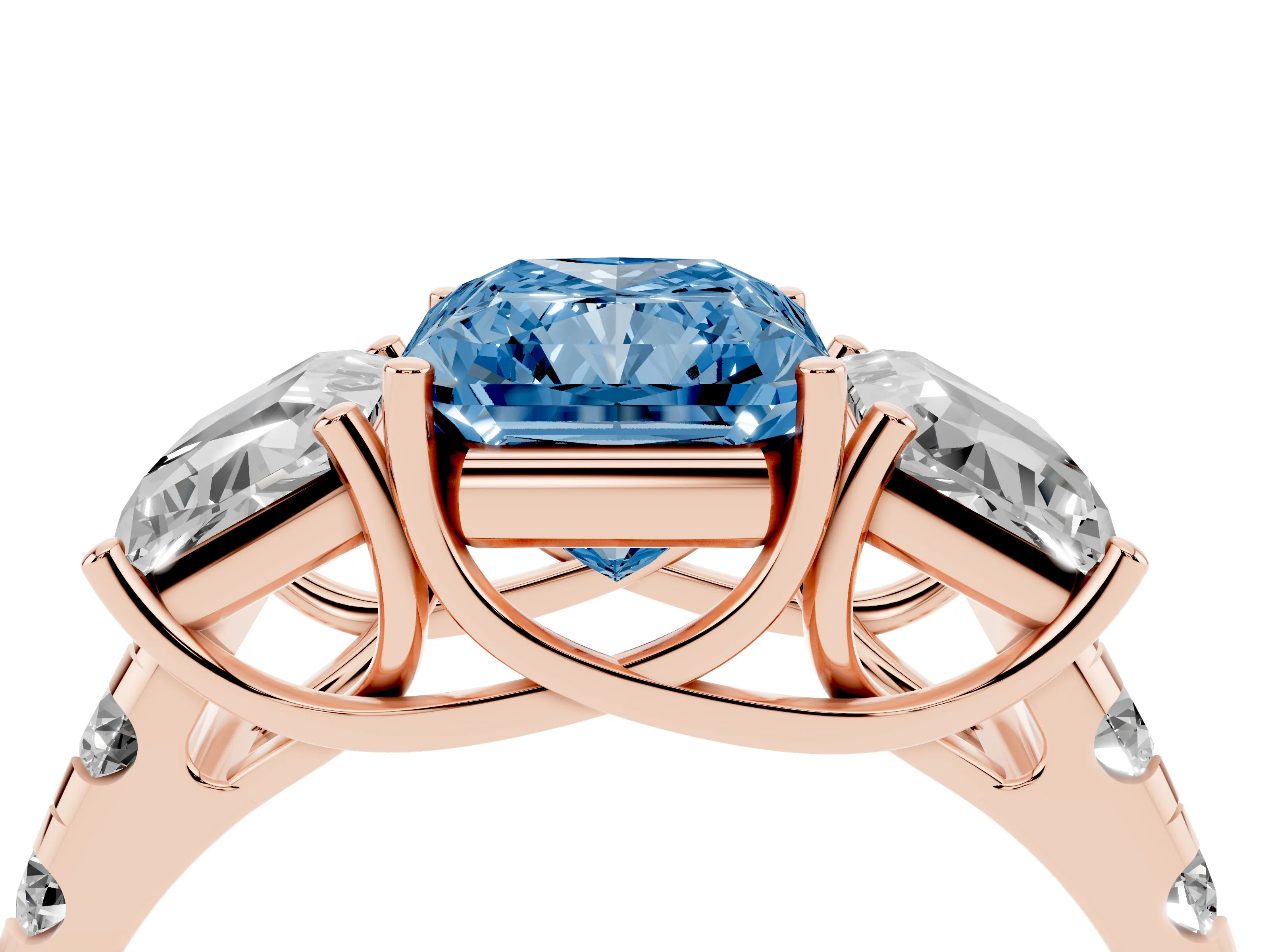 Fancy Blue Radiant Cut Diamond Three-Stone Ring Set in Rose gold with Pavé Band