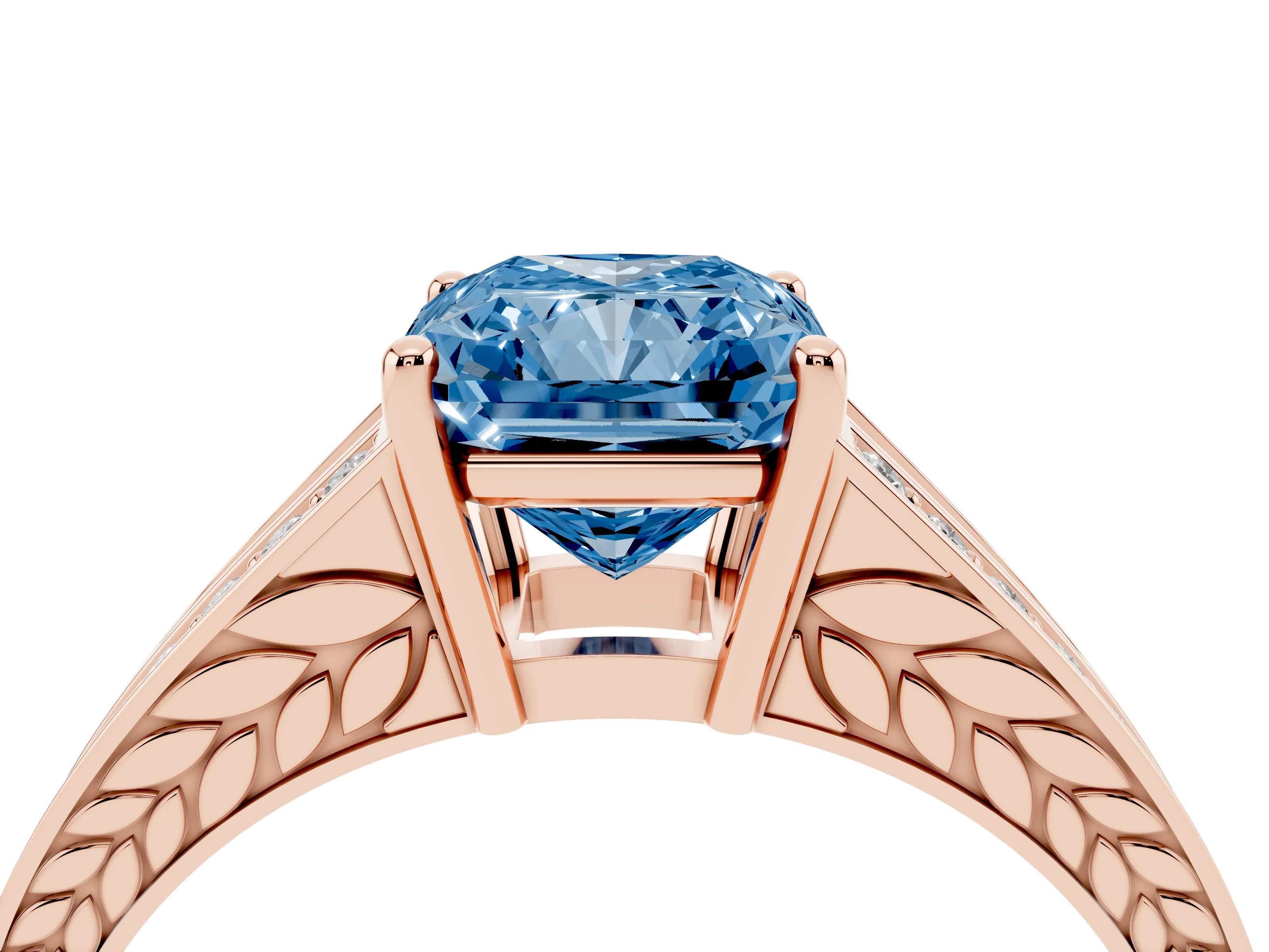Fancy Blue Radiant Cut Diamond Split Shank Ring Set in Rose gold with Pavé Band and Prong Setting