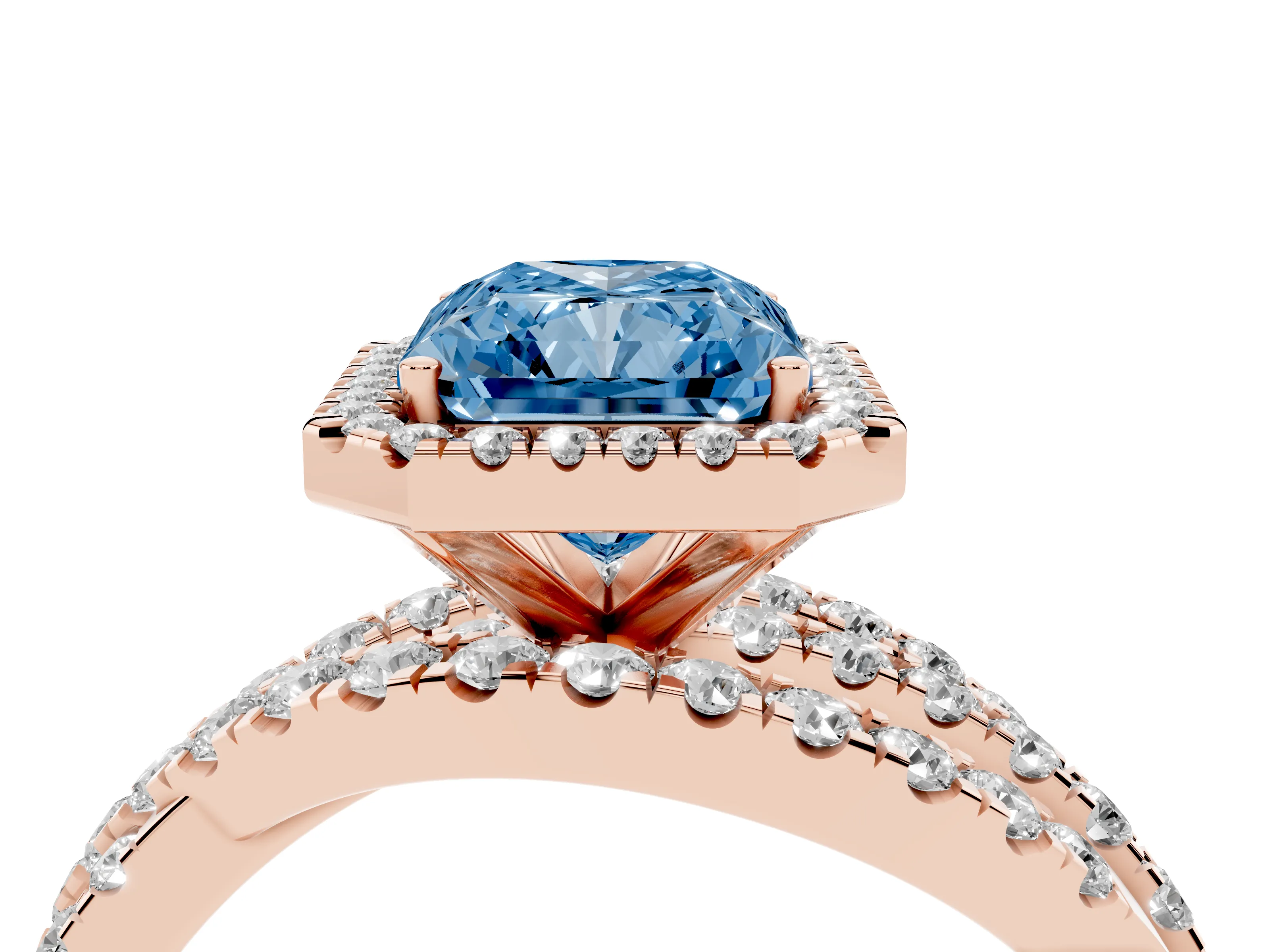 Fancy Blue Radiant Cut Diamond Halo Ring Set in Rose gold with Round Crossover Split Shank and Prong Setting
