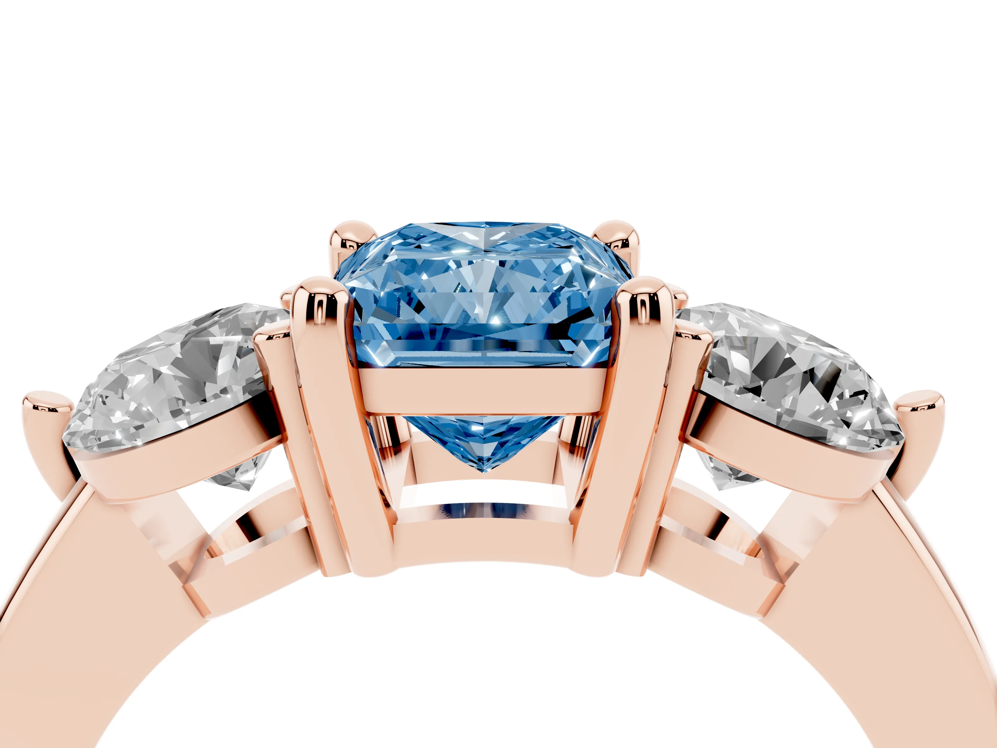 Fancy Blue Radiant Cut Diamond Three-Stone Ring Set in Rose gold with Prong Setting and Classic Band
