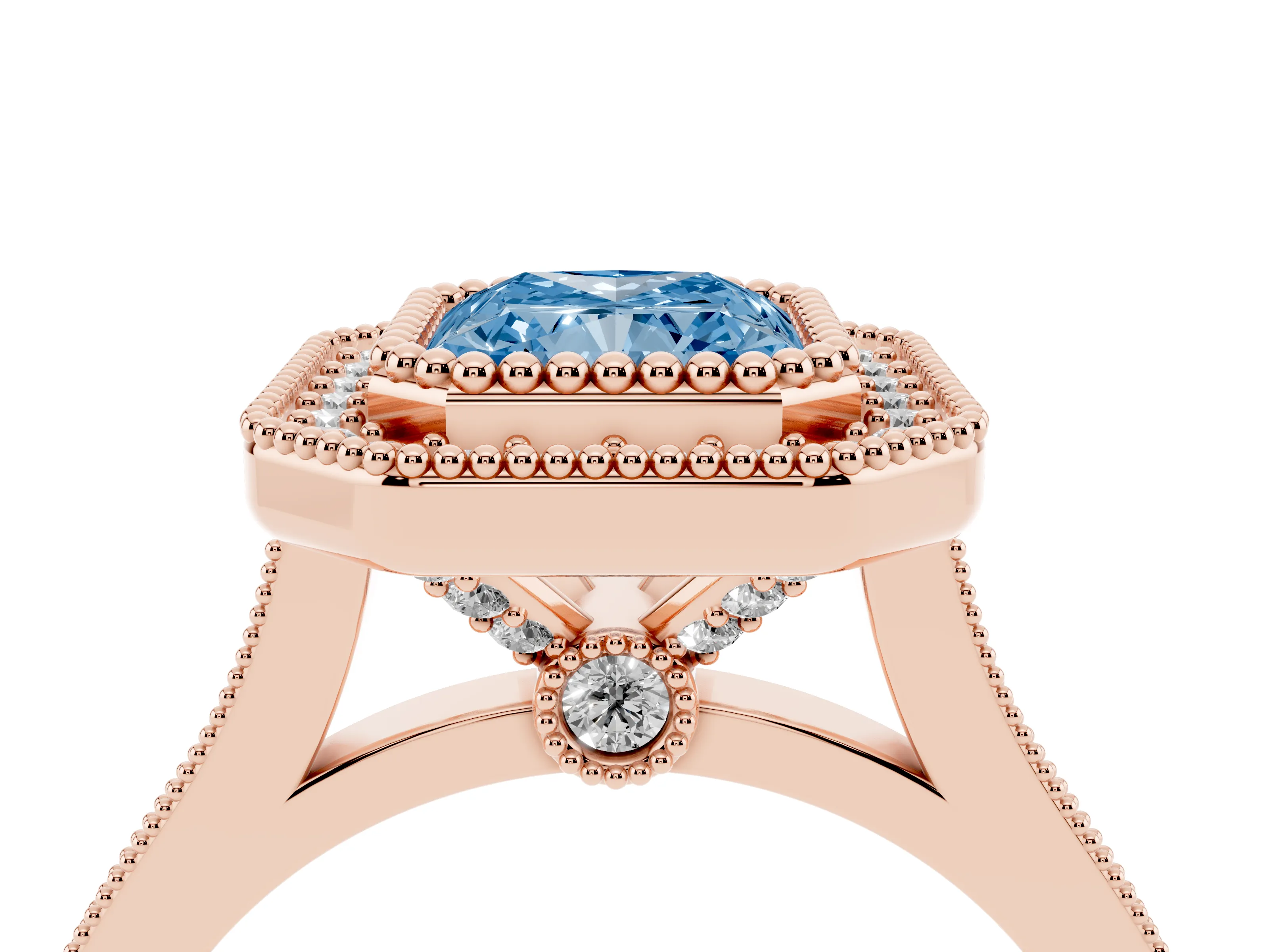 Fancy Blue Radiant Cut Diamond Halo Ring Set in Rose gold with Milgrain Frame and Pavé Band