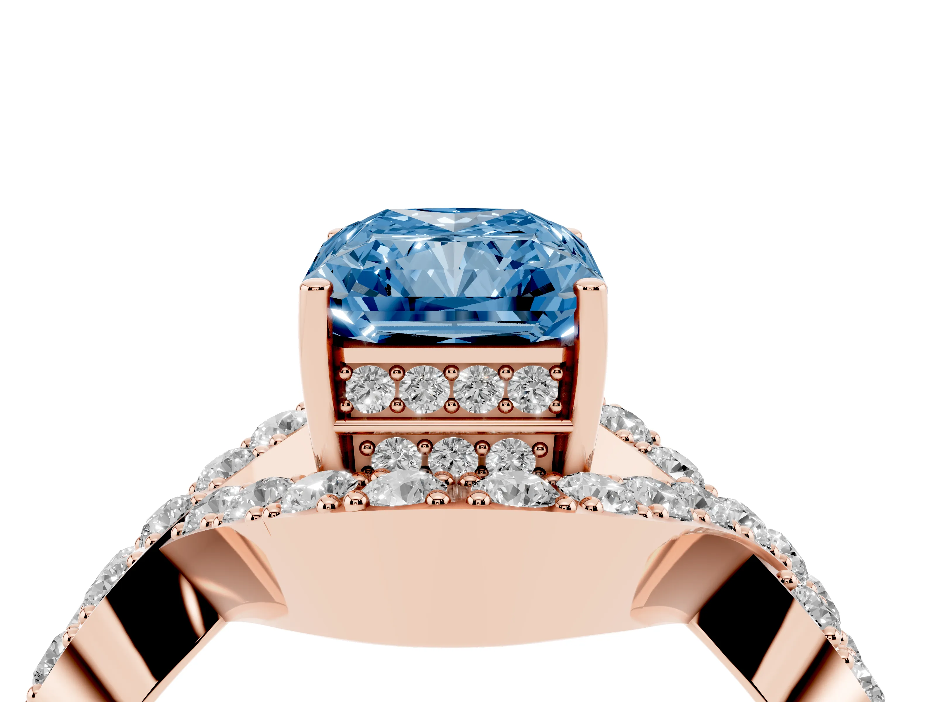 Fancy Blue Radiant Cut Diamond Solitaire Twist Band Pavé Engagement Ring Set in Rose gold
