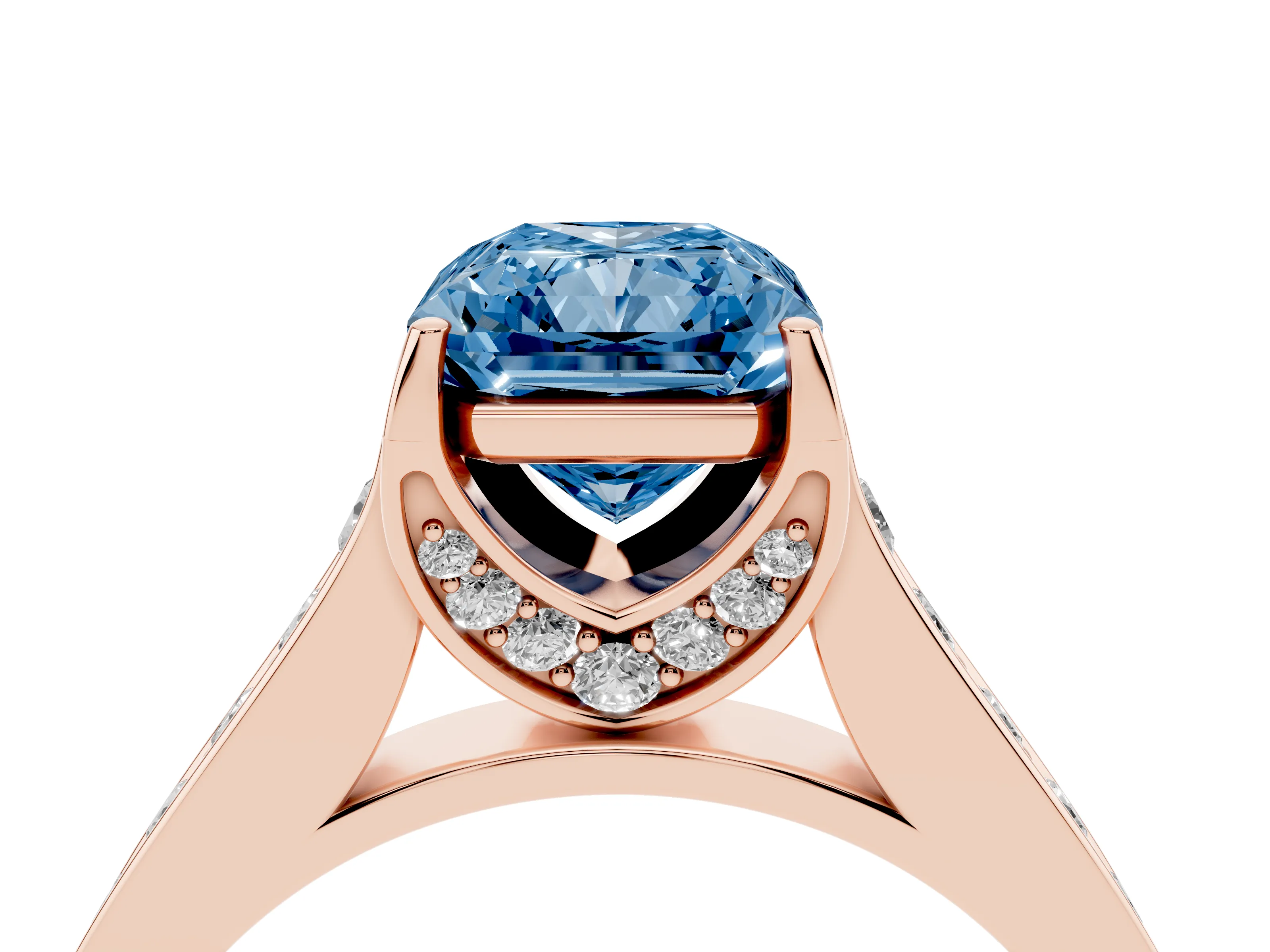 Fancy Blue Radiant Cut Diamond Solitaire Pavé Engagement Ring Set in Rose gold with Prong Setting