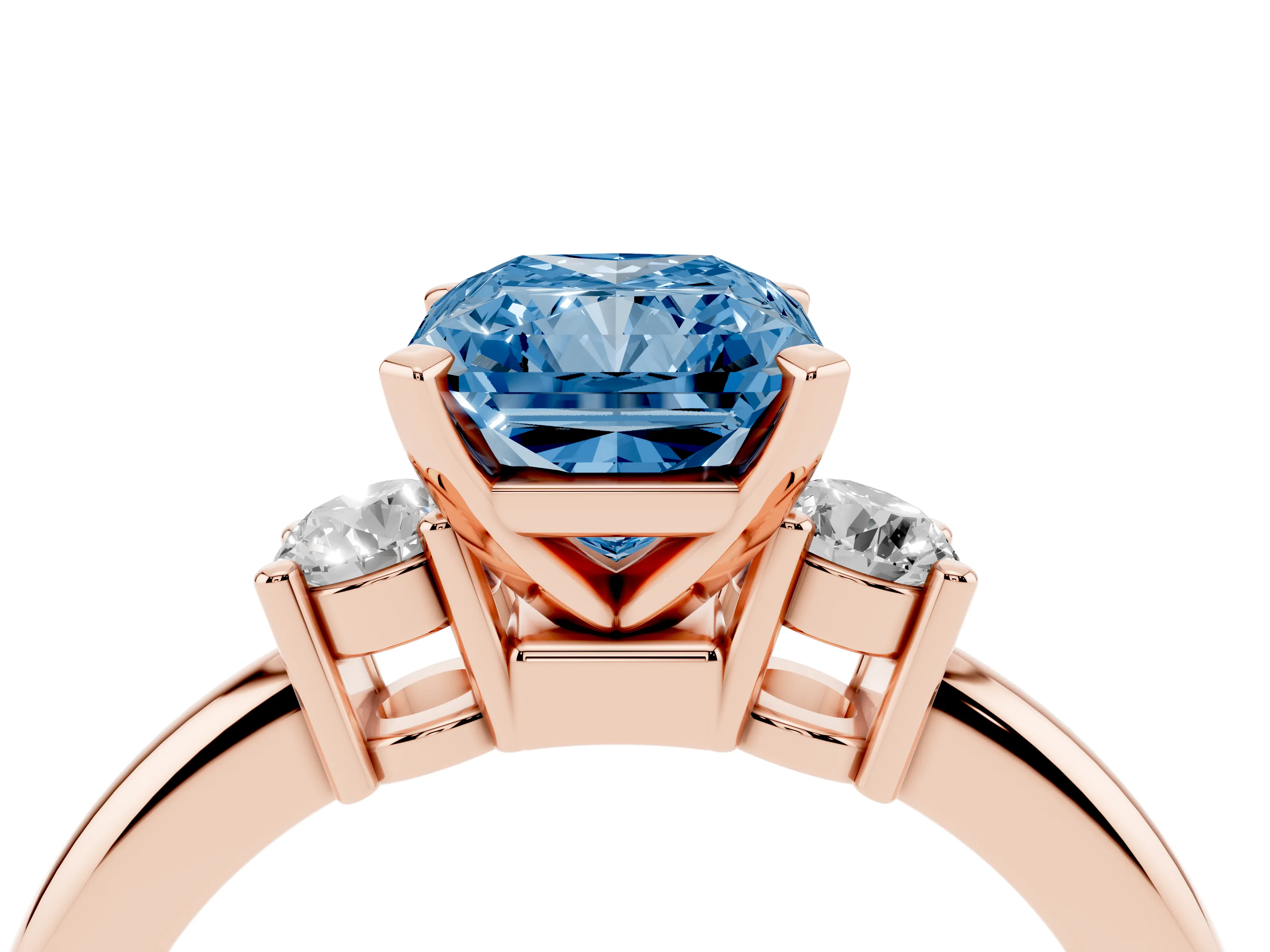 Fancy Blue Three-Stone Radiant Cut Diamond Ring Set in Rose gold with Prong Setting and Plain Band