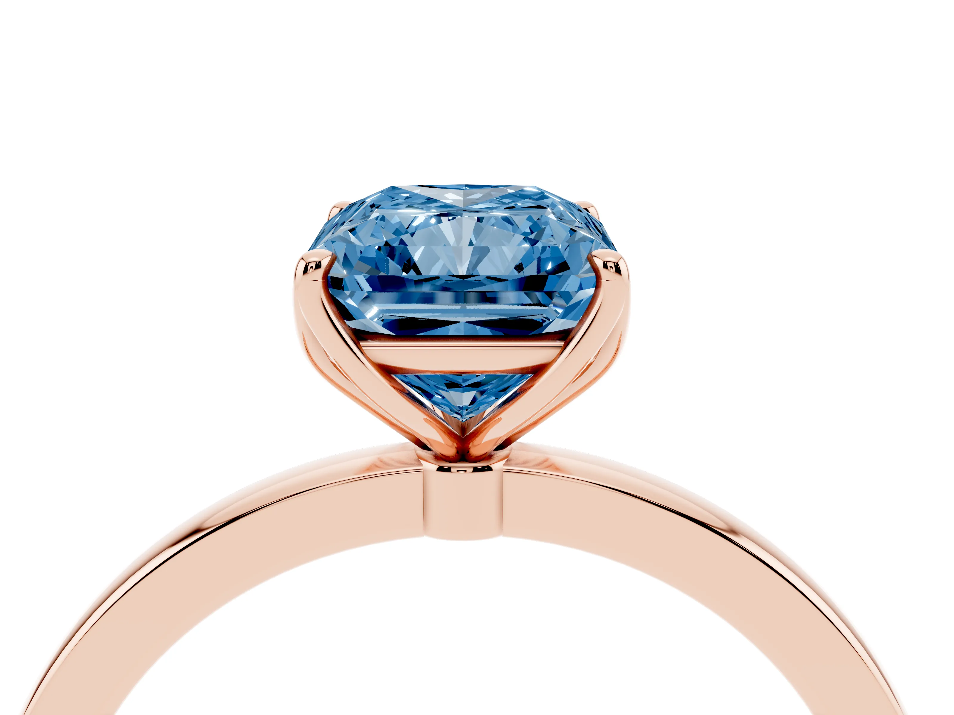 Fancy Blue Radiant Cut Diamond Solitaire Ring Set in Rose gold with Prong Setting and Thin Polished Band