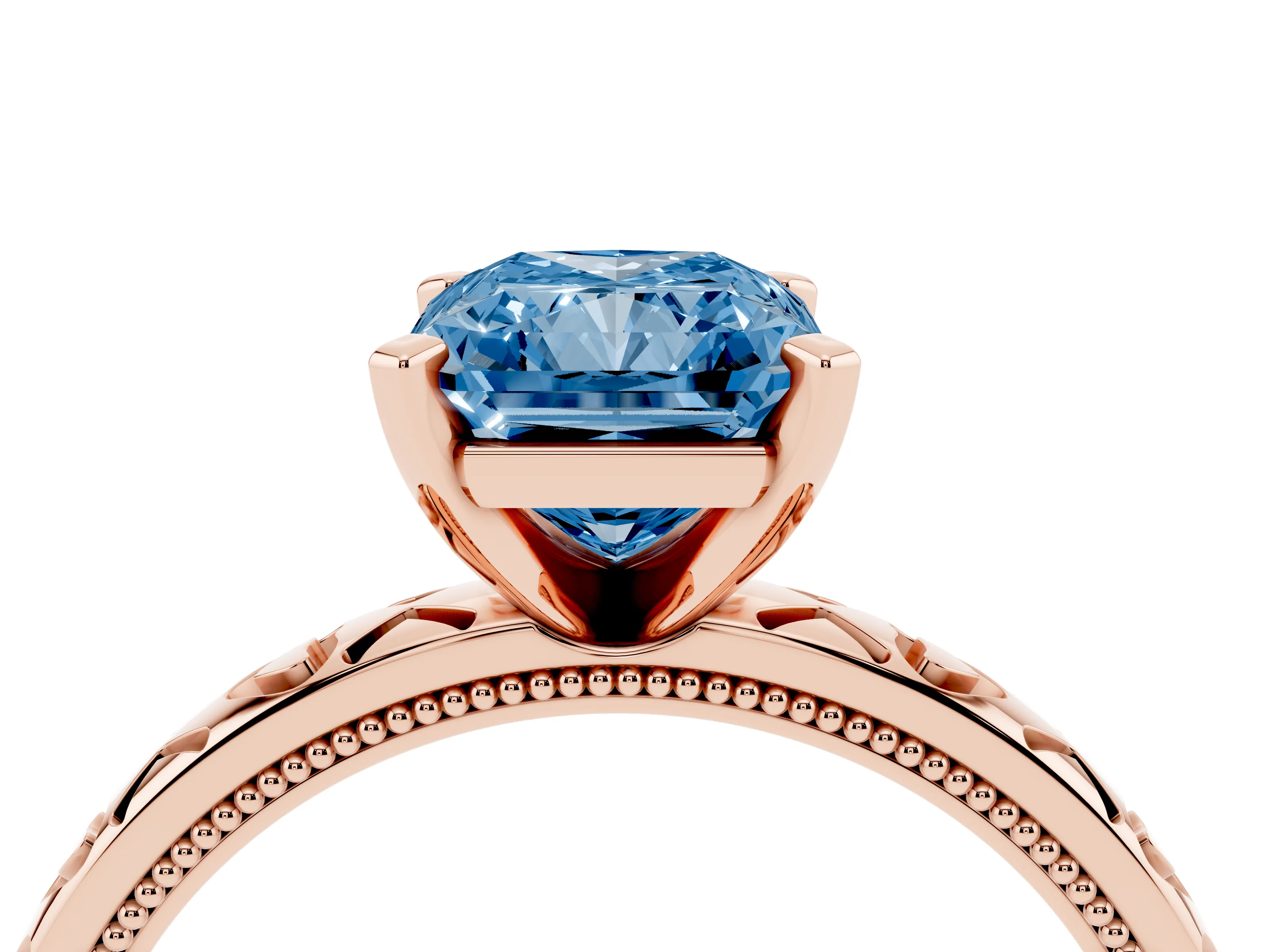 Fancy Blue Radiant Cut Diamond Solitaire Engagement Ring Set in Rose gold with XO Engraved Band and Prong Setting