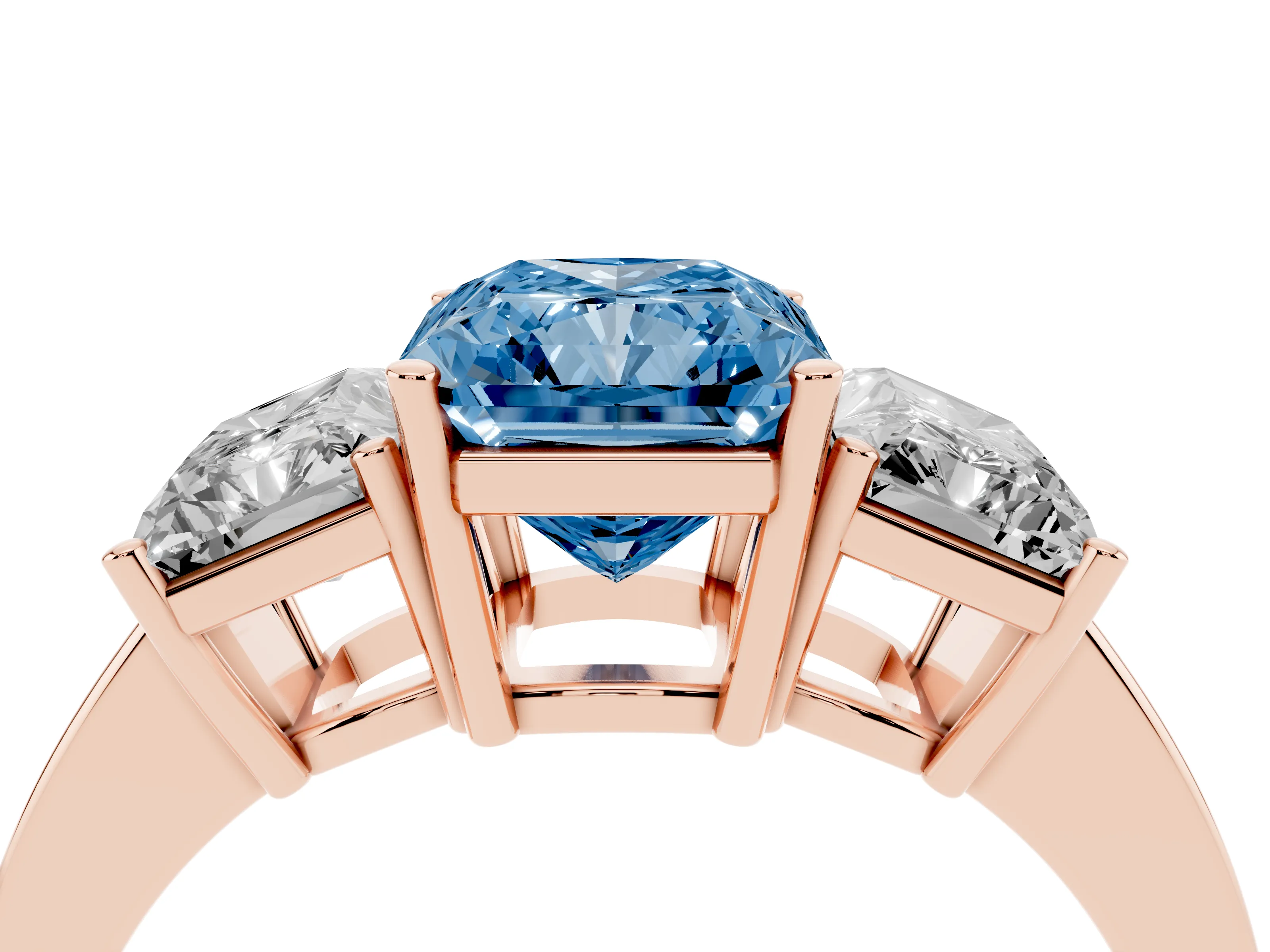Fancy Blue Radiant Cut Diamond Three-Stone Engagement Ring Set in Rose gold with Flat Band