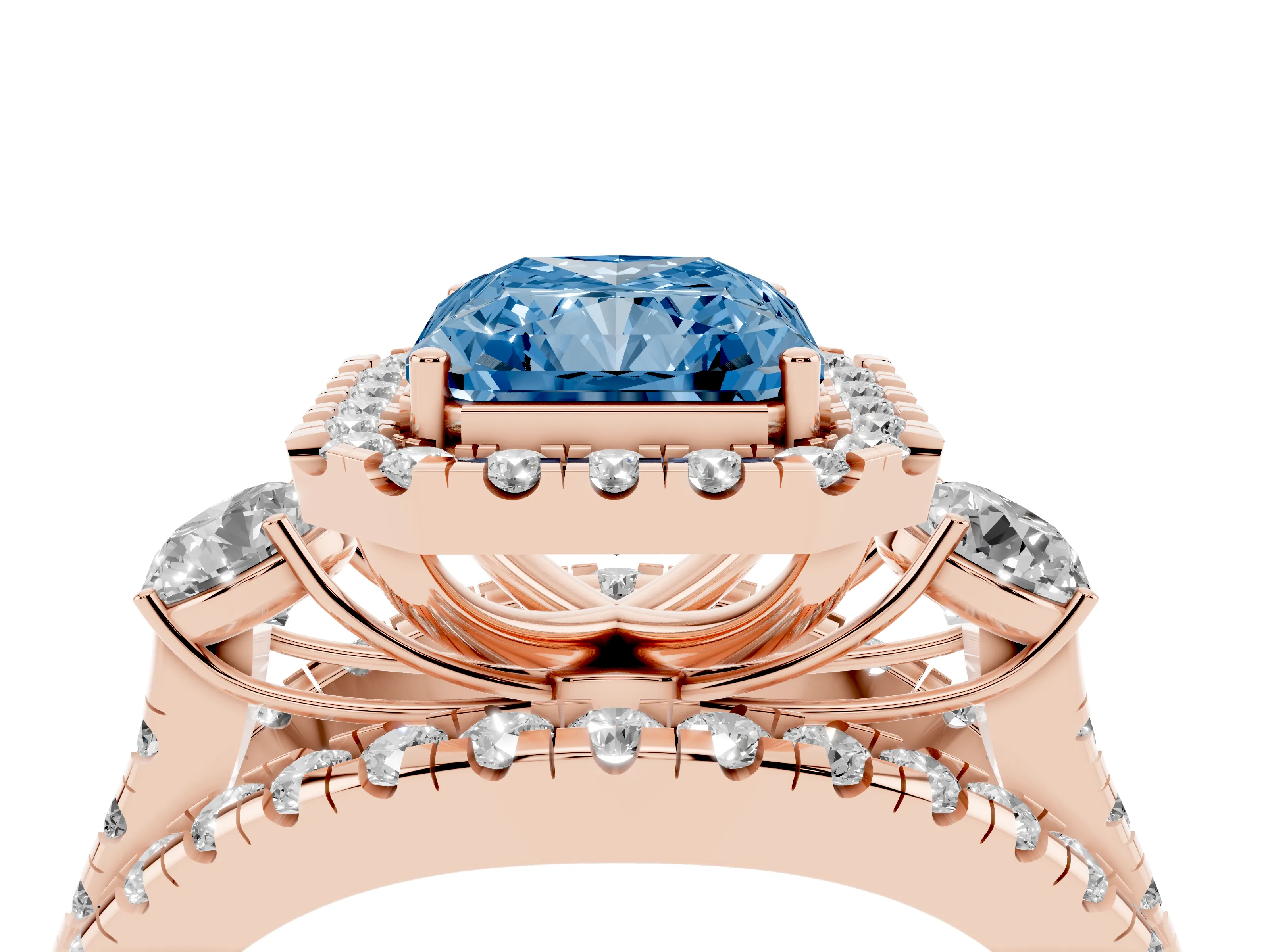 Fancy Blue Radiant Cut Diamond Halo Split Shank Ring Set in Rose gold with Round Accent Stones and Prong Setting
