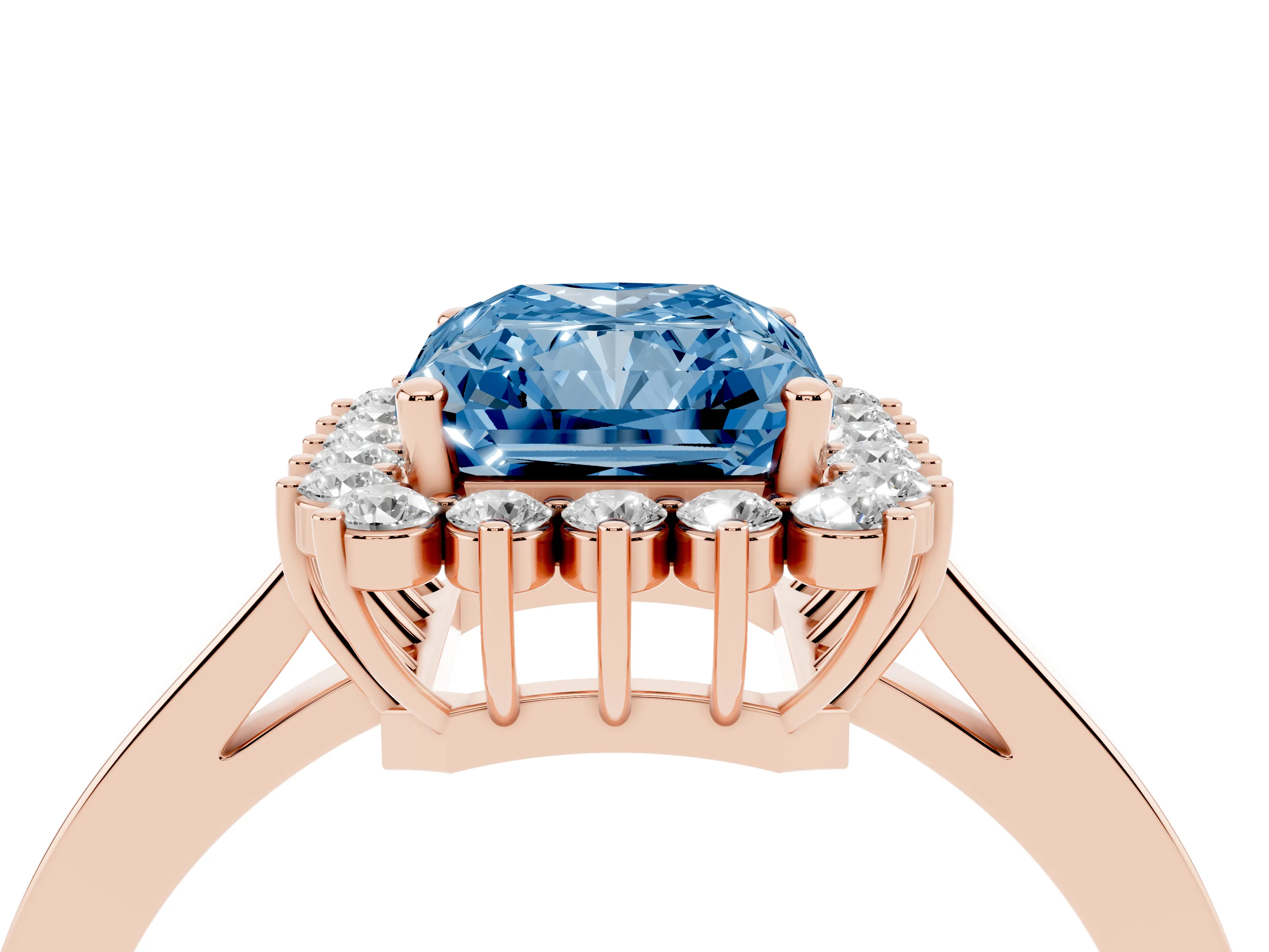 Fancy Blue Radiant Cut Diamond Halo Ring Set in Rose gold with Round Halo and Smooth Solitaire Band