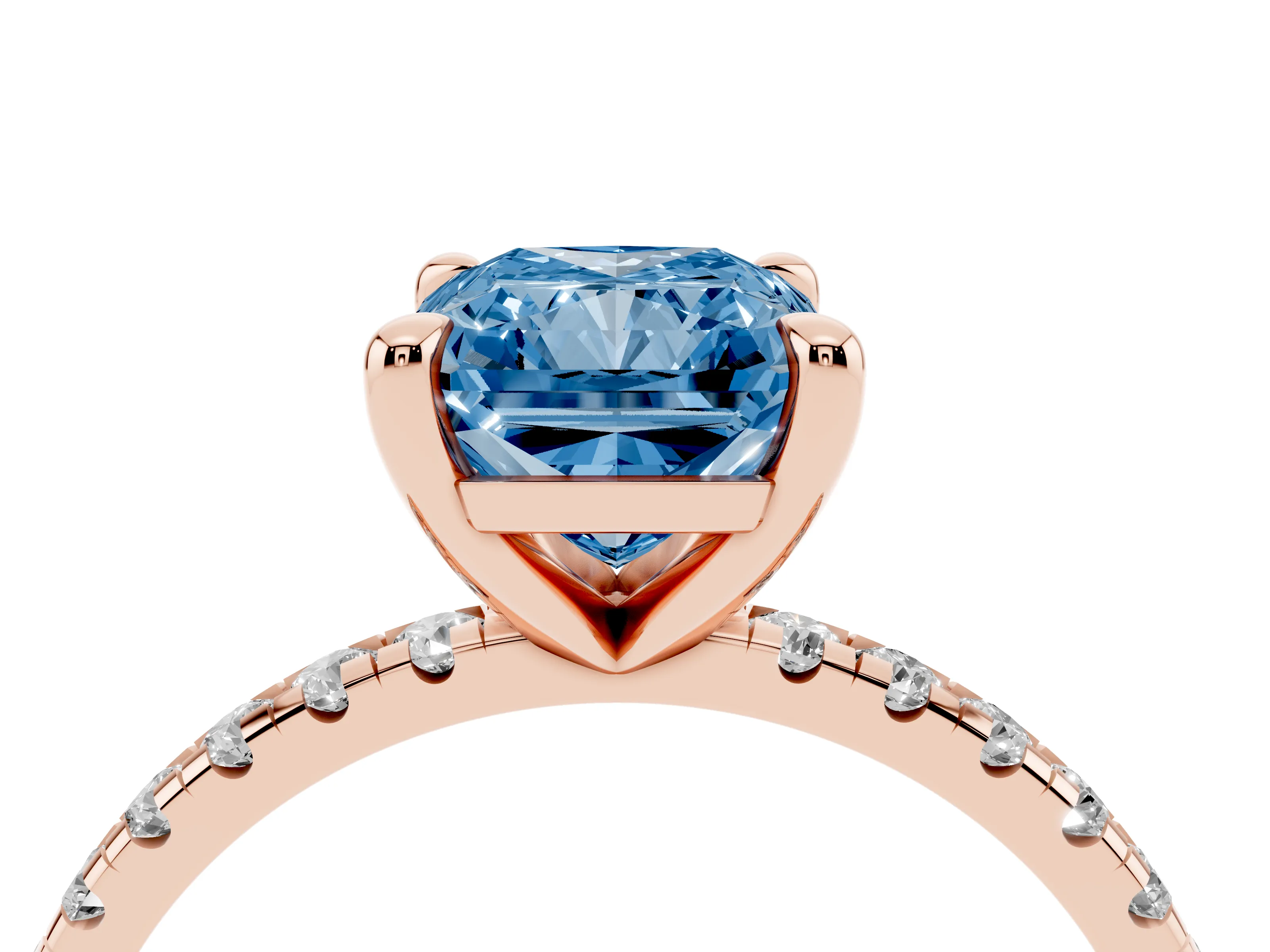 Fancy Blue Radiant Cut Diamond Brilliant Solitaire Ring Set in Rose gold with Pavé Band and Prong Setting