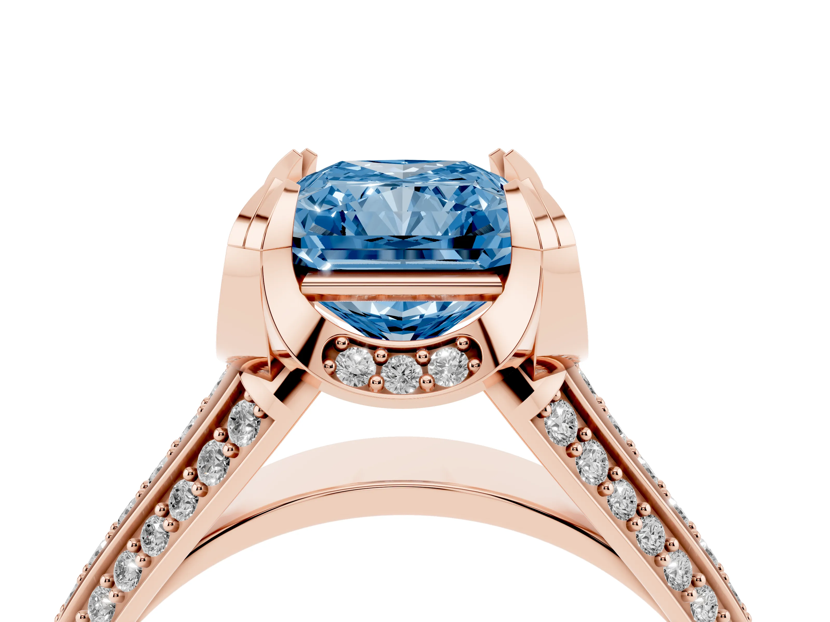 Fancy Blue Radiant Cut Diamond Pavé Split Shank Solitaire Ring Set in Rose gold with Prong Setting