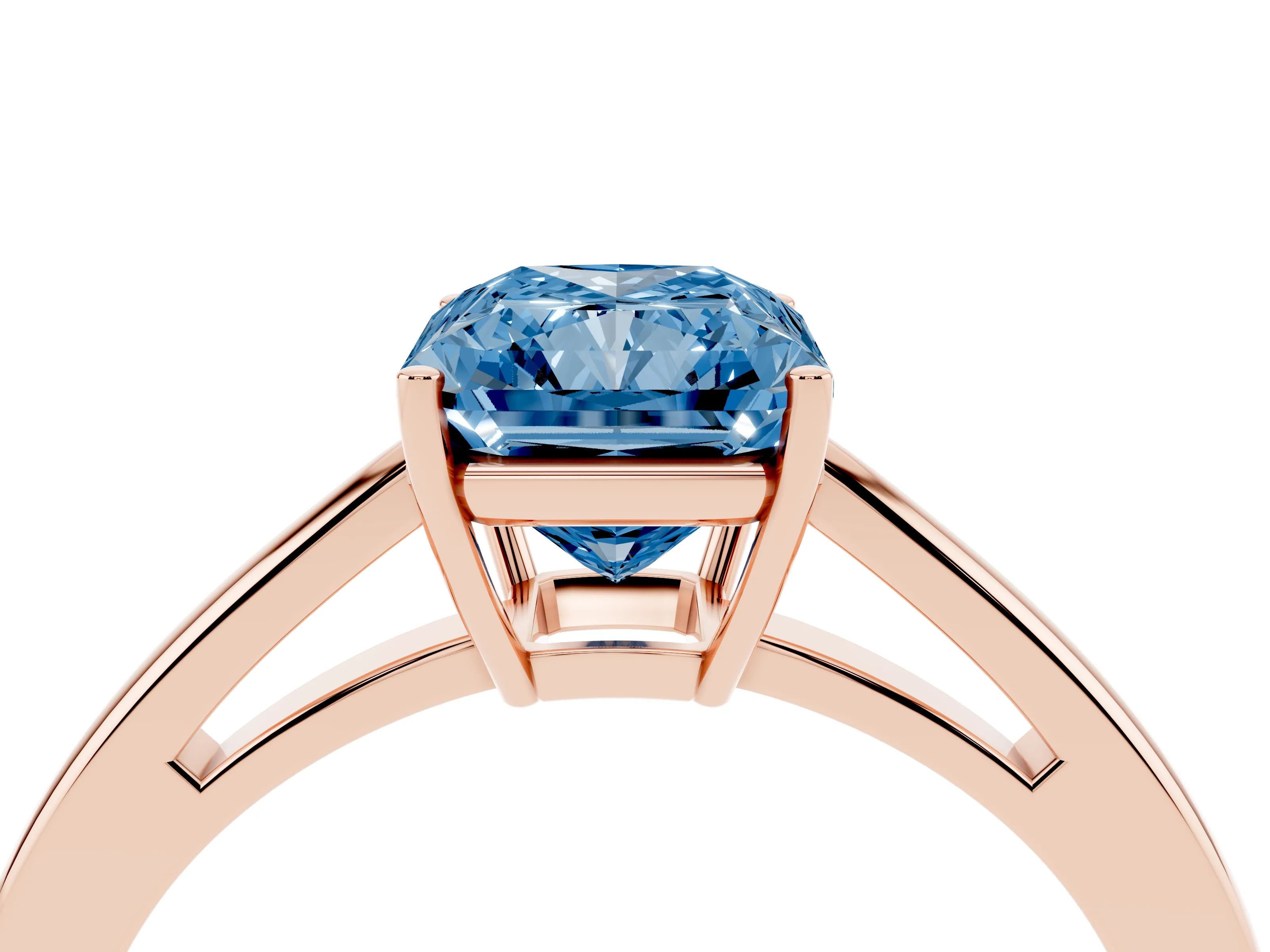 Fancy Blue Radiant Cut Diamond Solitaire Ring Set in Rose gold with Split Shank and Prong Setting