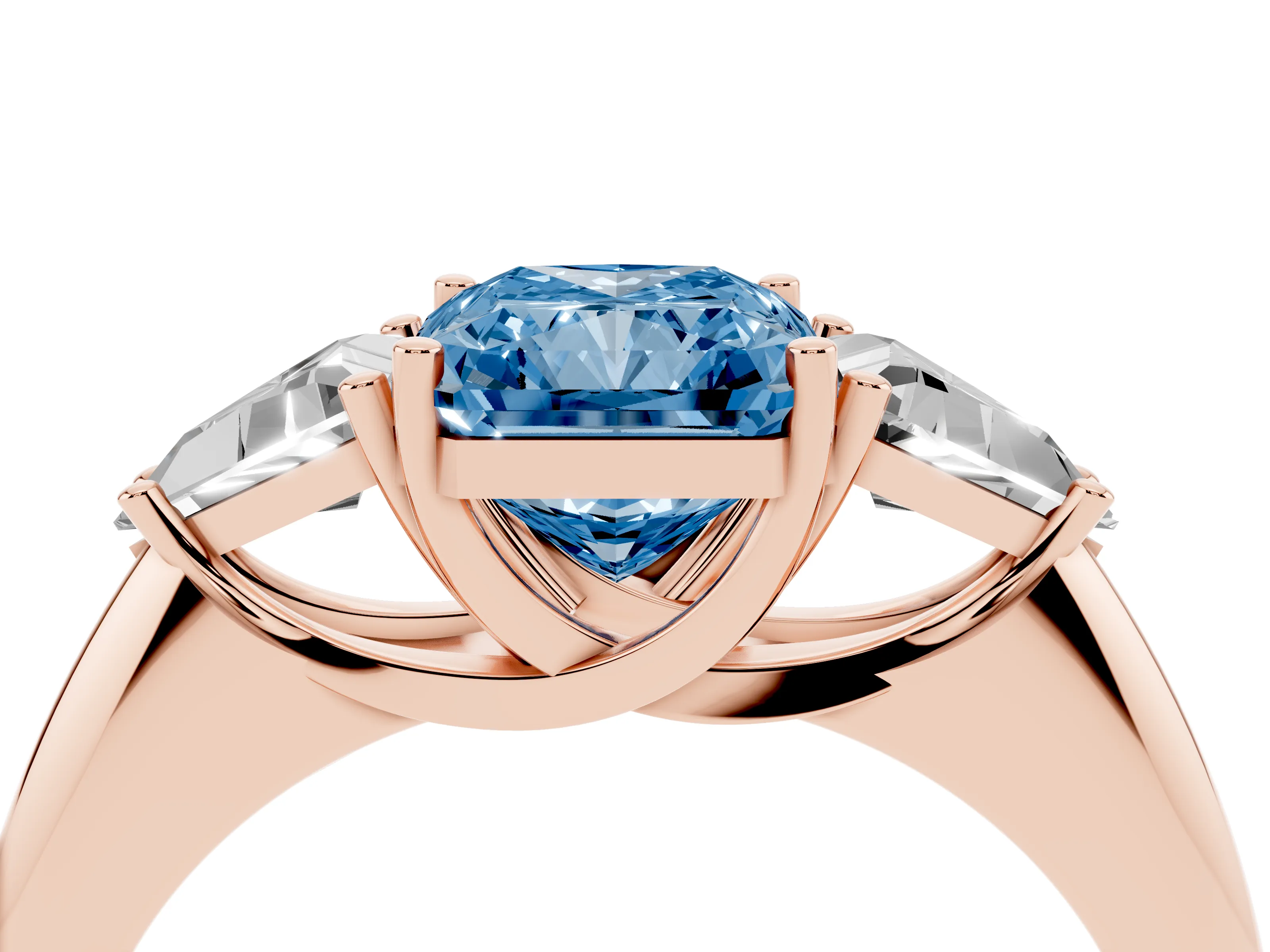 Fancy Blue Radiant Cut Diamond Three-Stone Engagement Ring Set in Rose gold with Trillion Side Stones