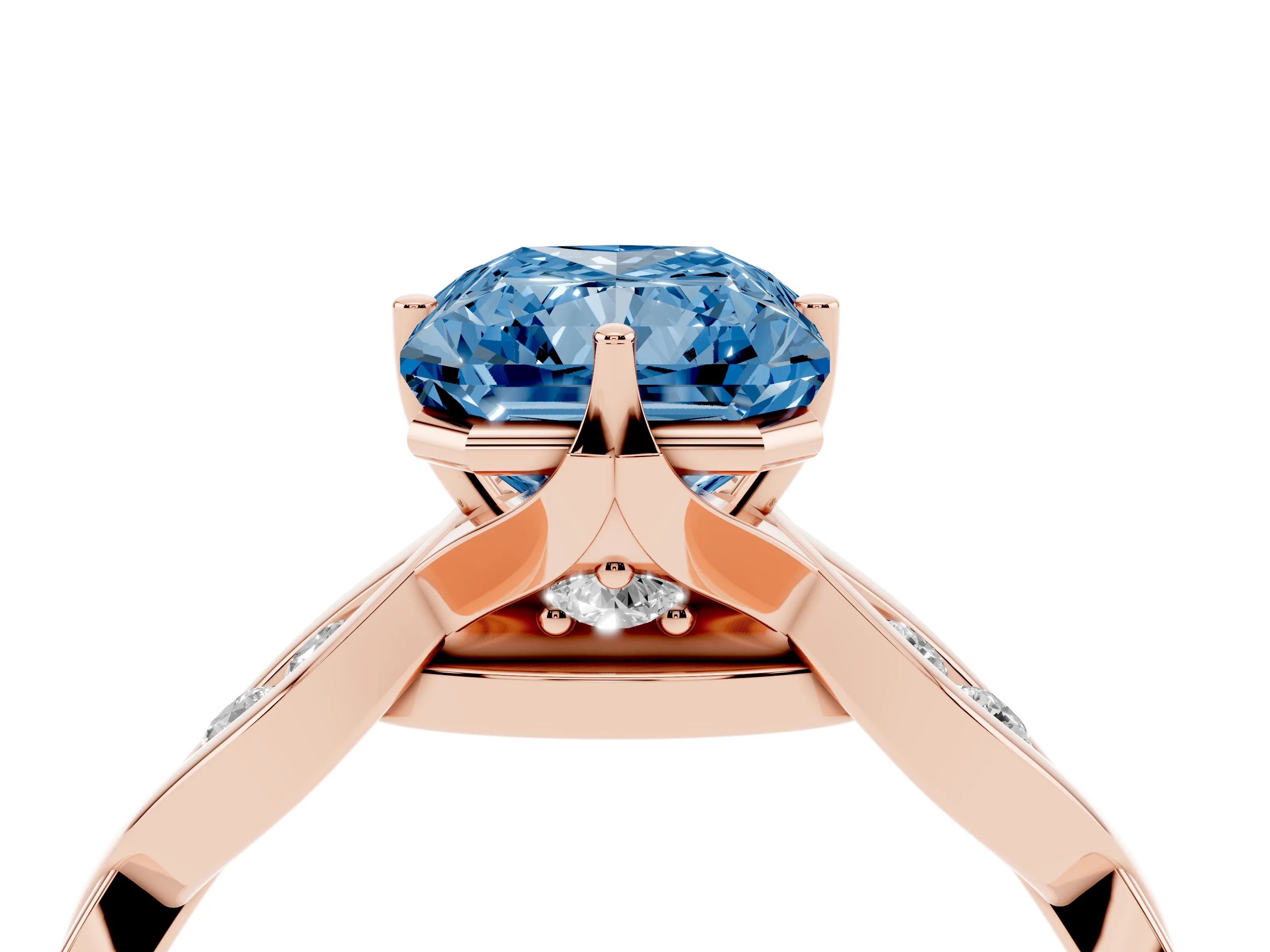 Fancy Blue Radiant Cut Diamond Twist Band Solitaire Ring Set in Rose gold with Leaf Prong Setting and Accent Stones