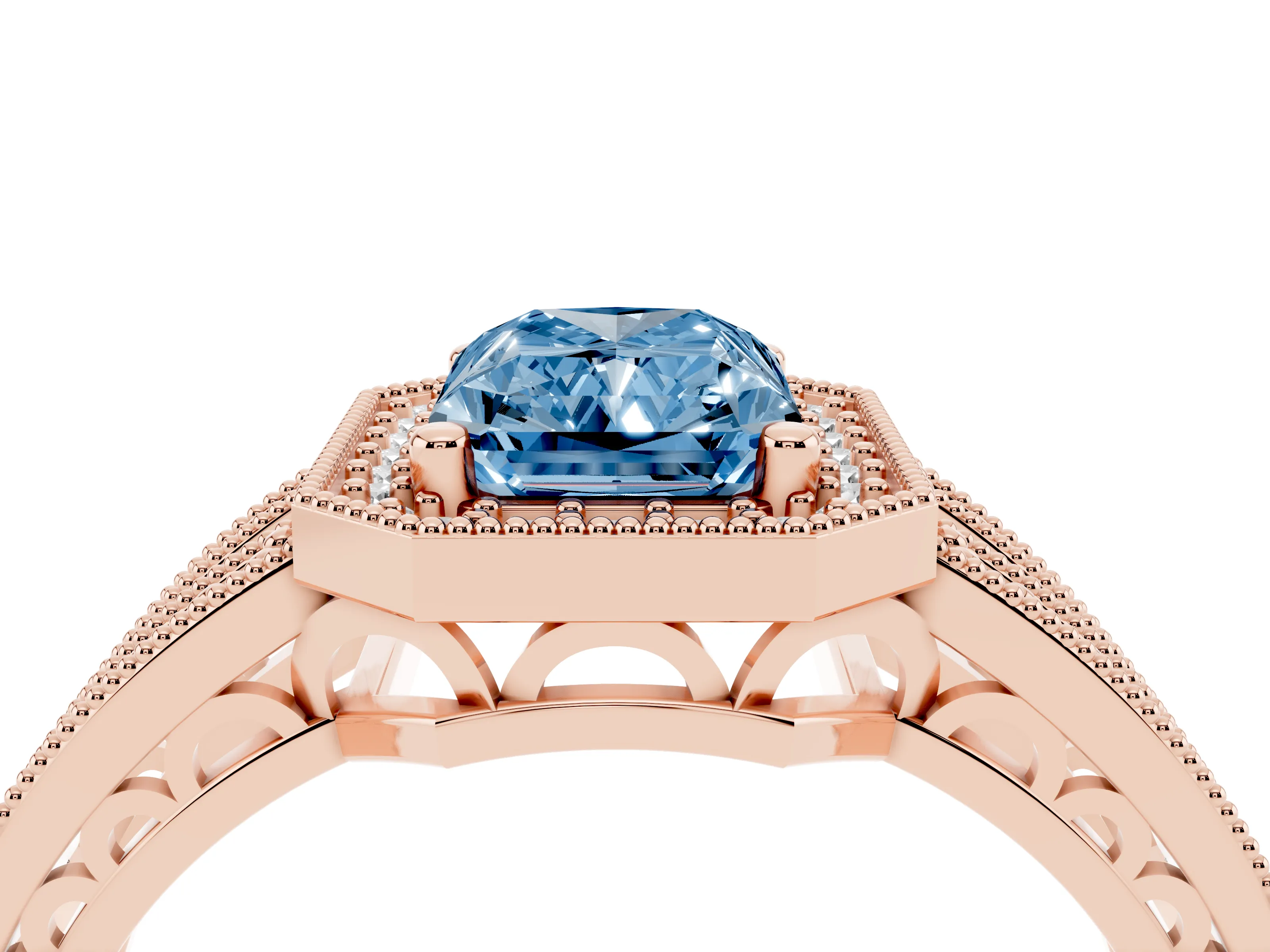 Fancy Blue Radiant Cut Diamond Halo Ring Set in Rose gold with Accent Split Shank and Prong Setting