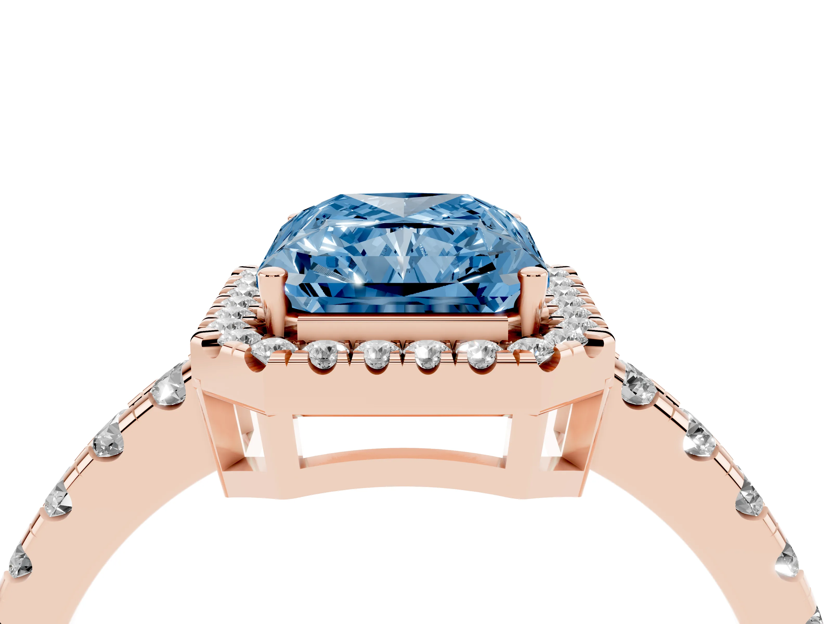 Fancy Blue Radiant Cut Diamond Halo Ring Set in Rose gold with Delicate Pavé Band and Prong Setting