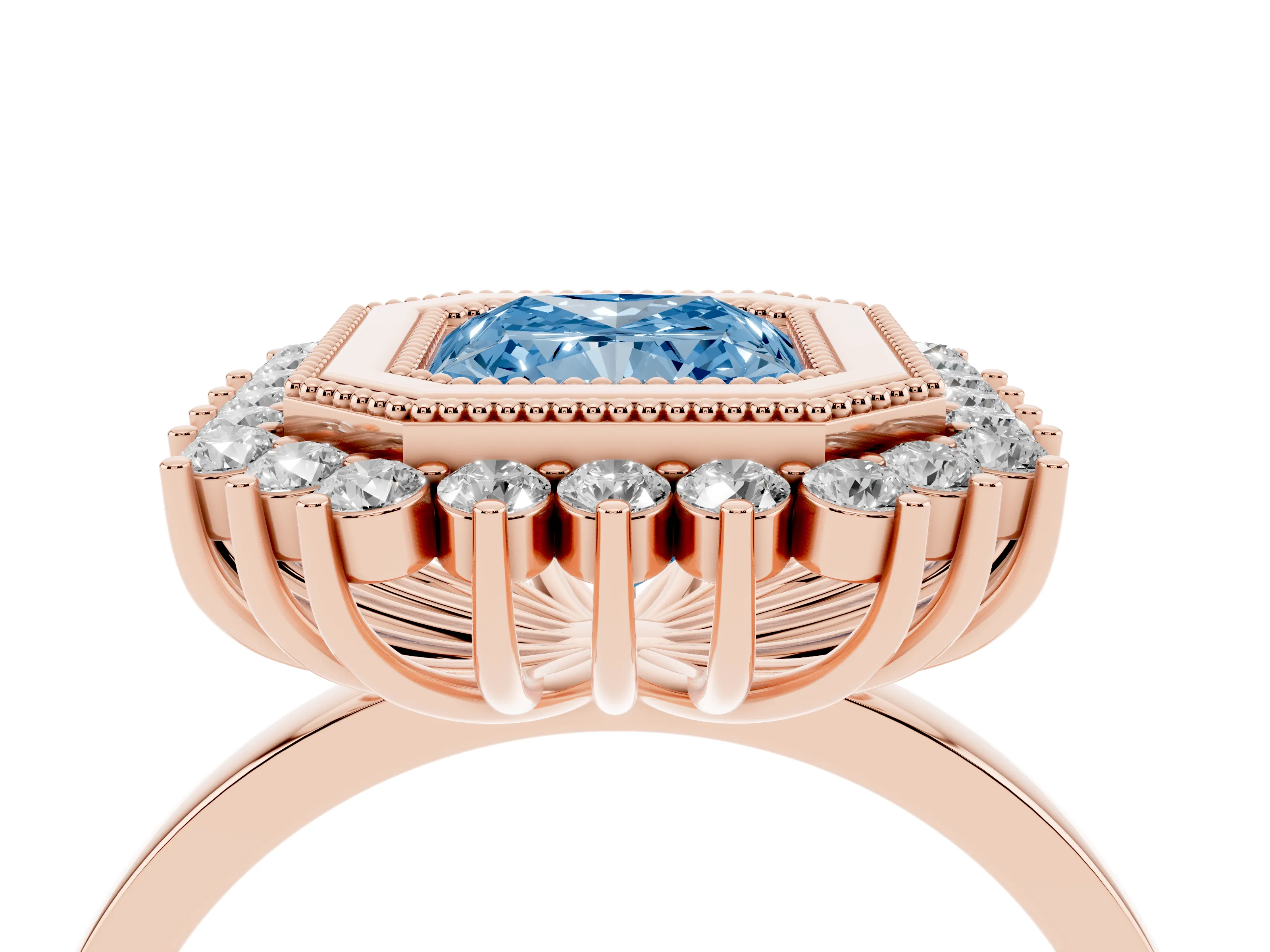 Fancy Blue Radiant Cut Diamond Halo Ring Set in Rose gold with Milgrain Edge and Round Prong Setting