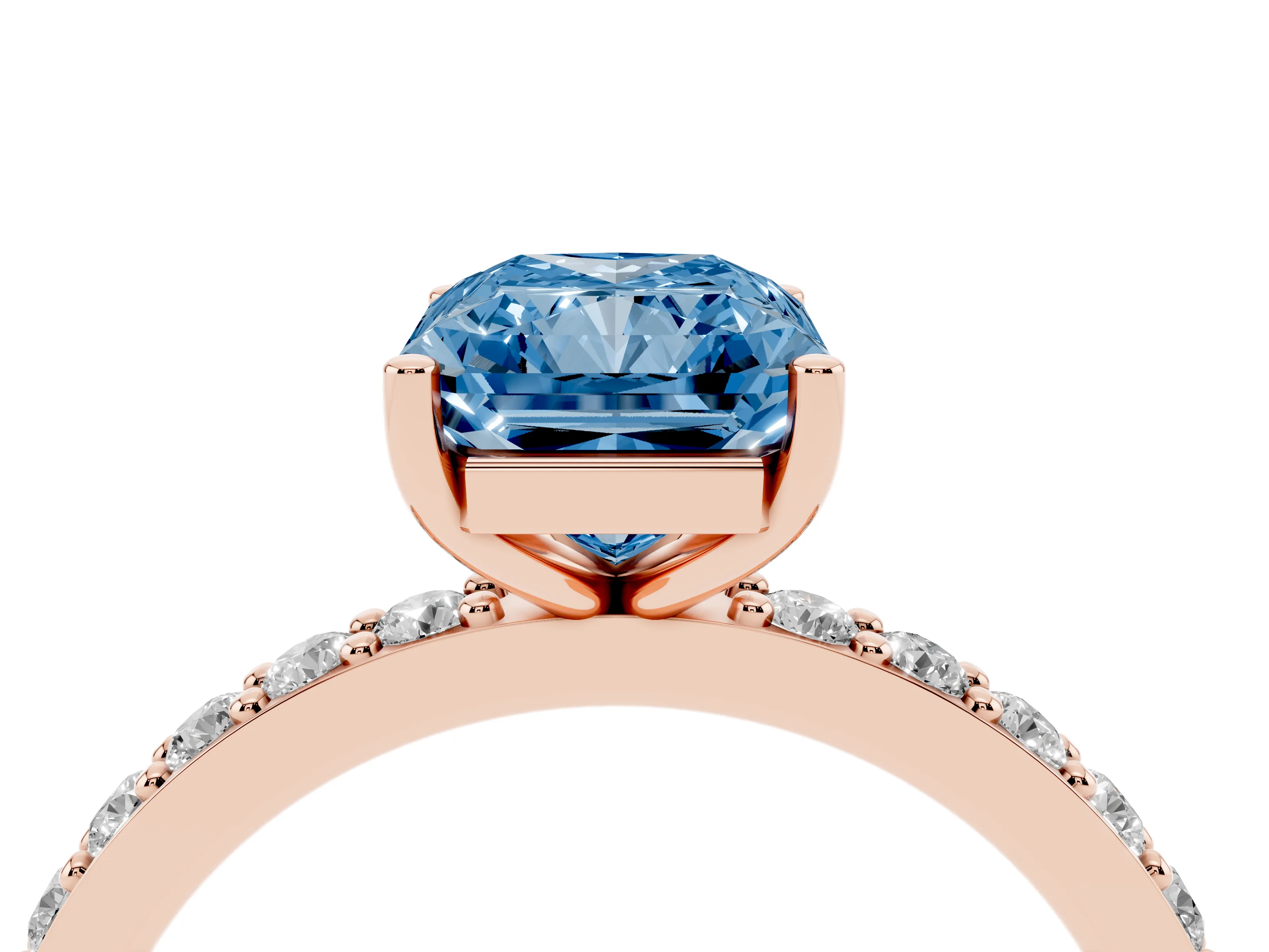 Fancy Blue Radiant Cut Diamond Solitaire Set in Rose gold with Round Pavé Band and Prong Setting