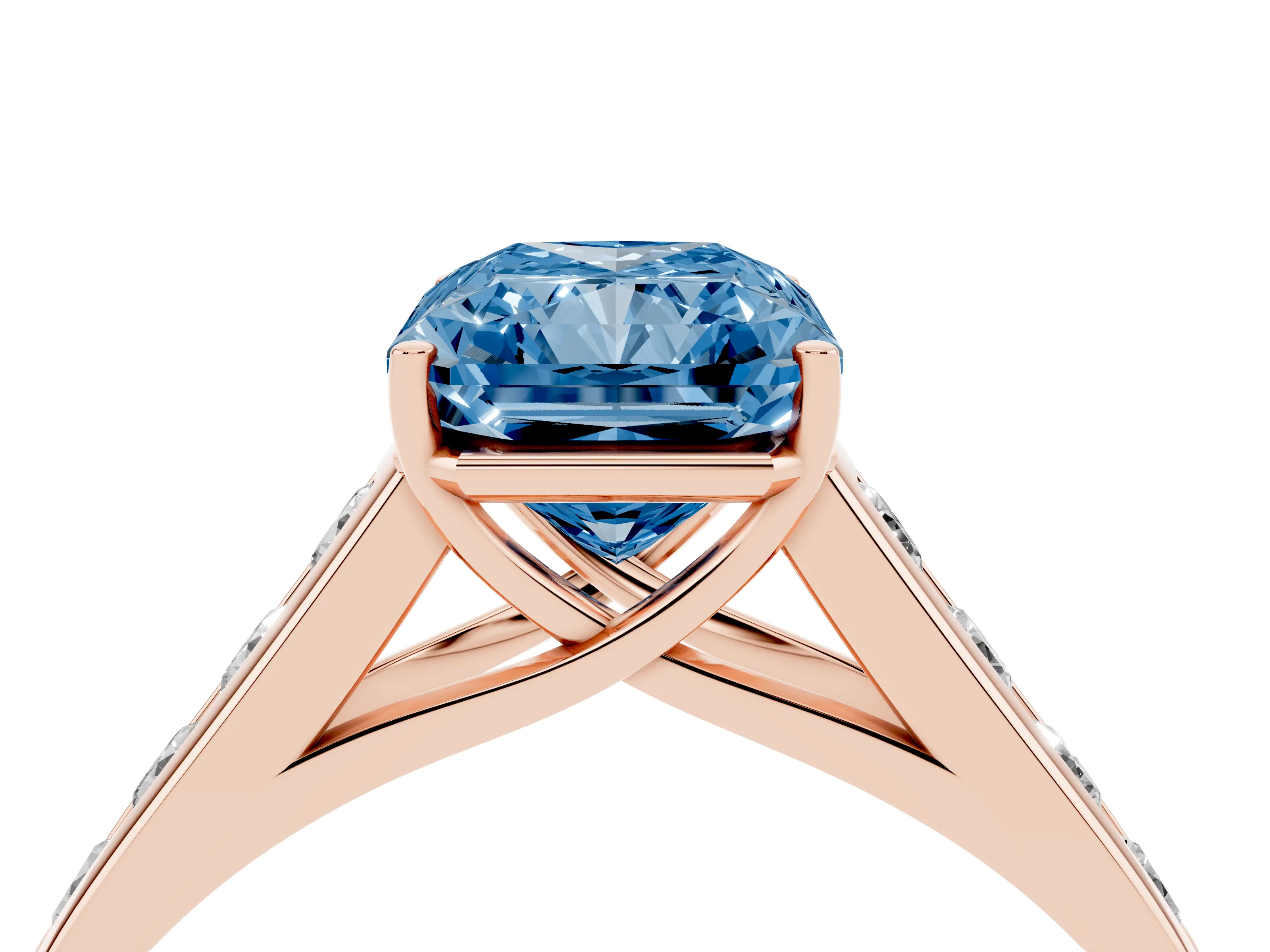 Fancy Blue Radiant Cut Diamond Brilliant Channel-Set Solitaire Ring Set in Rose gold with Prong Setting