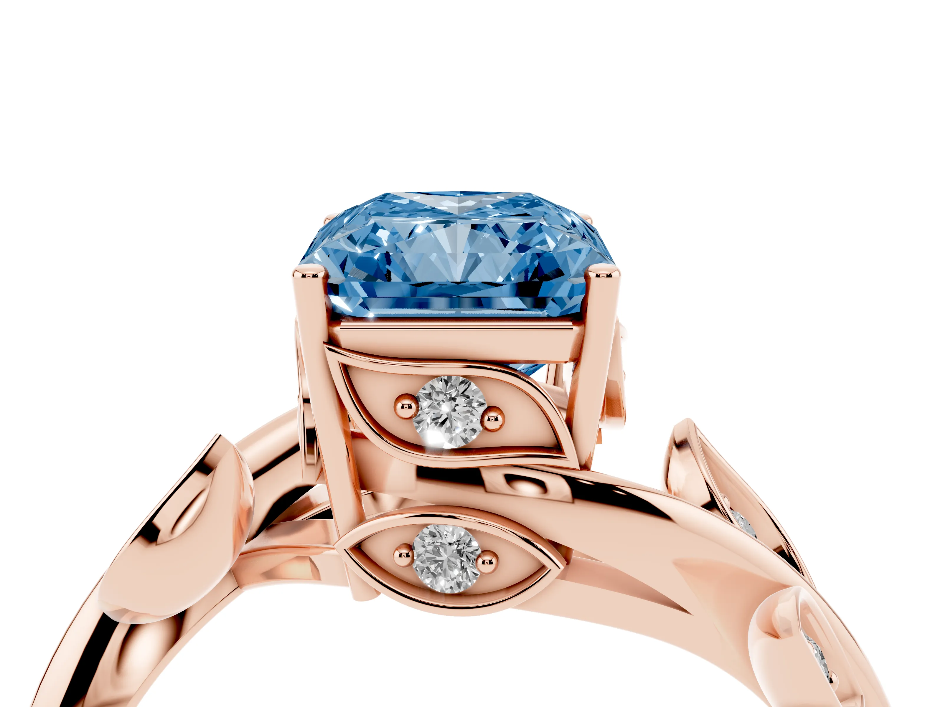 Fancy Blue Radiant Cut Diamond Solitaire Twist Engagement Ring Set in Rose gold with Pavé Leaf Accents