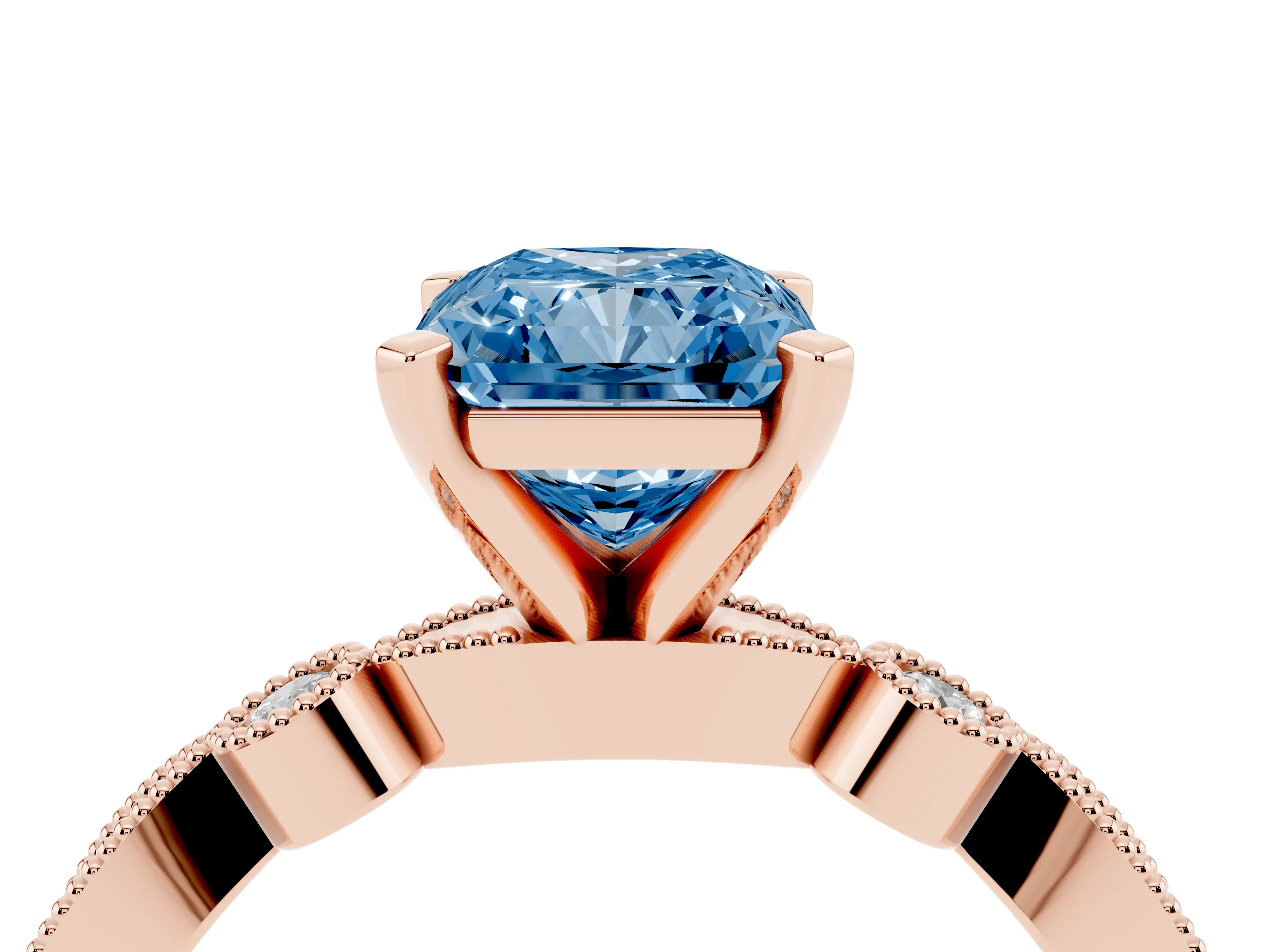Fancy Blue Radiant Cut Diamond Solitaire Engagement Ring Set in Rose gold with Milgrain Bezel Accent Band