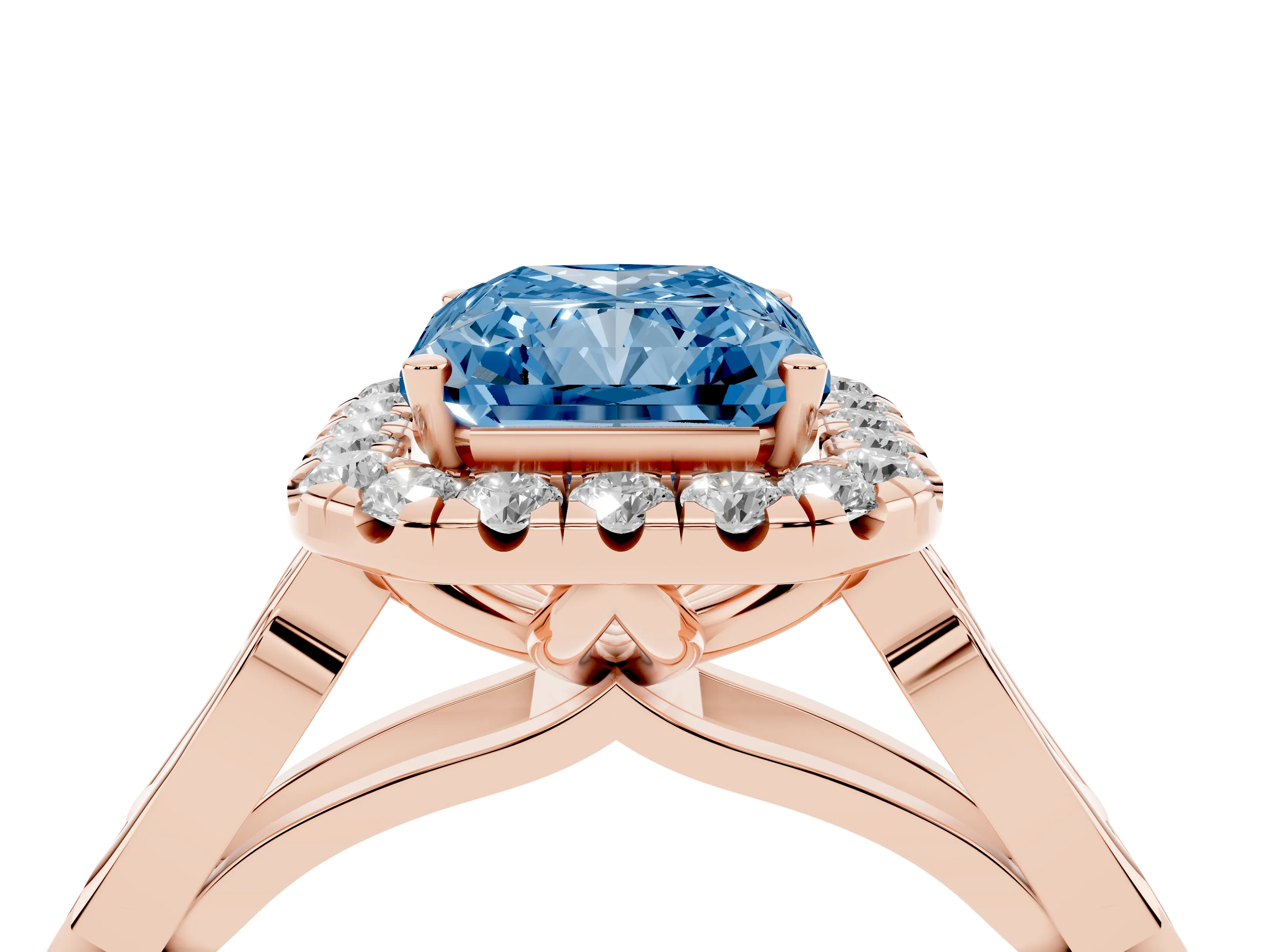 Fancy Blue Radiant Cut Diamond Halo Engagement Ring Set in Rose gold with Filigree Band and Prong-Set Center